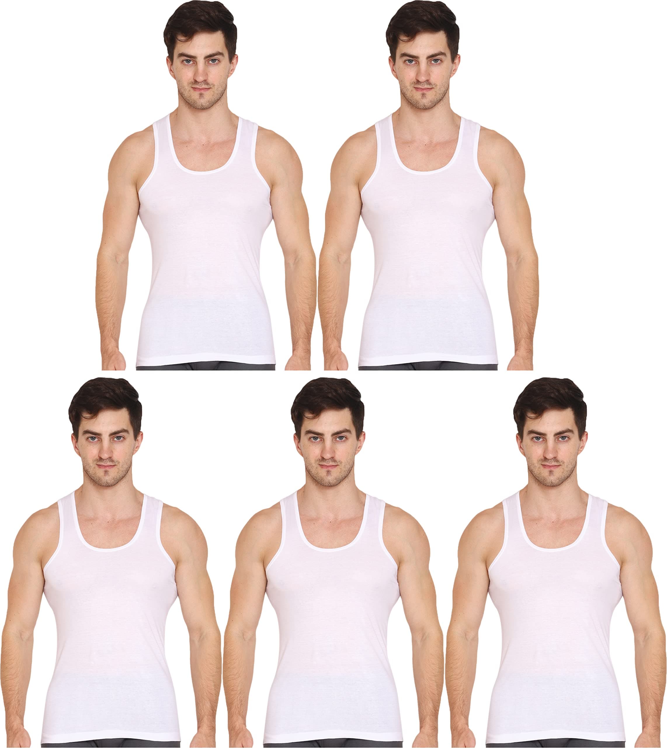 Men's Sleeveless Round Neck Cotton Vest | Retro Style | Slim Fit | Breathable and Comfortable Innerwear | Soft Itch-Free Innerwear Baniyan | Easy Tuck Design (Pack of 5) (White)