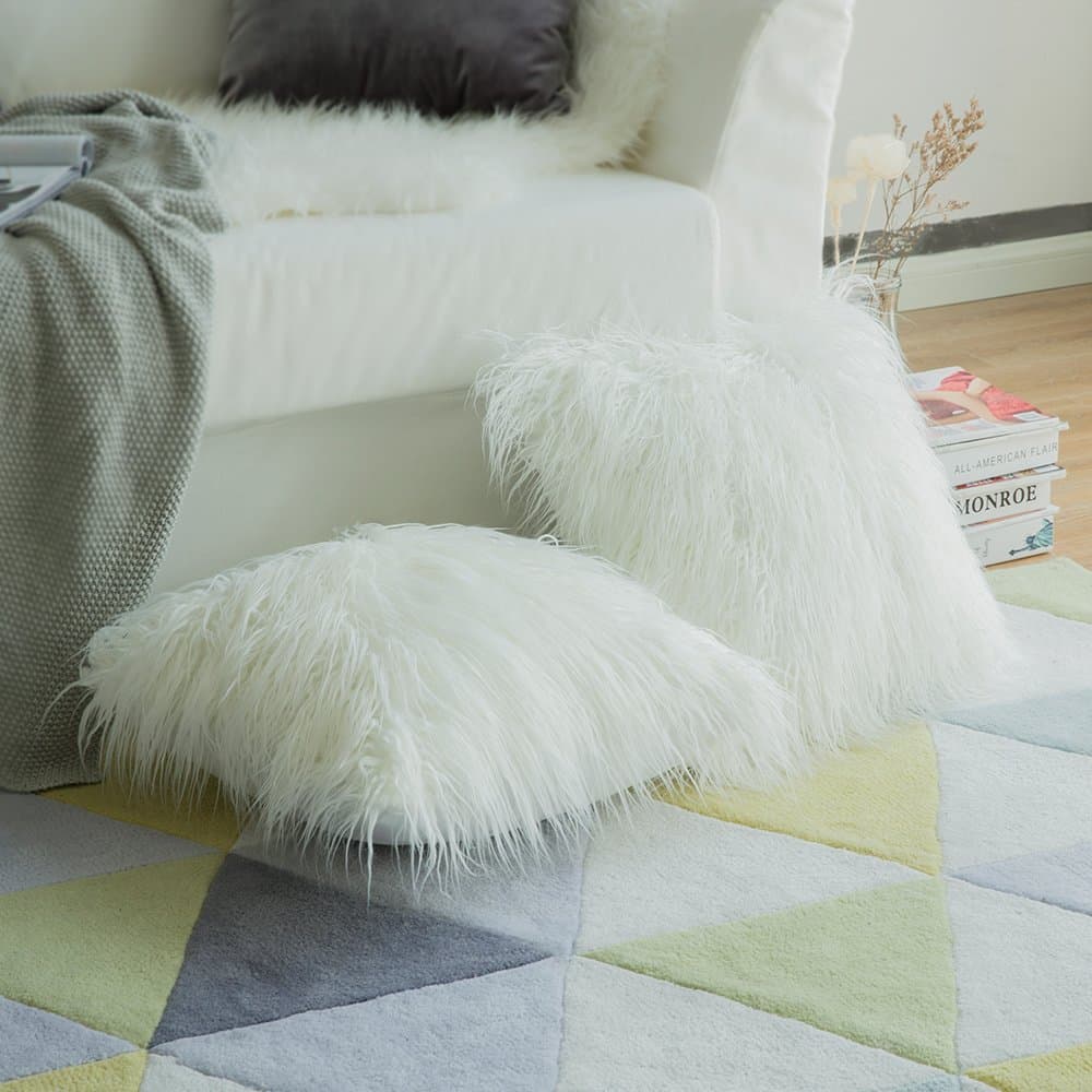 Pack of 2 Decorative Luxury Series Style Faux Fur Throw Pillow Case Cushion Cover for Sofa Bedroom Car 16 x 16 Inch White,
