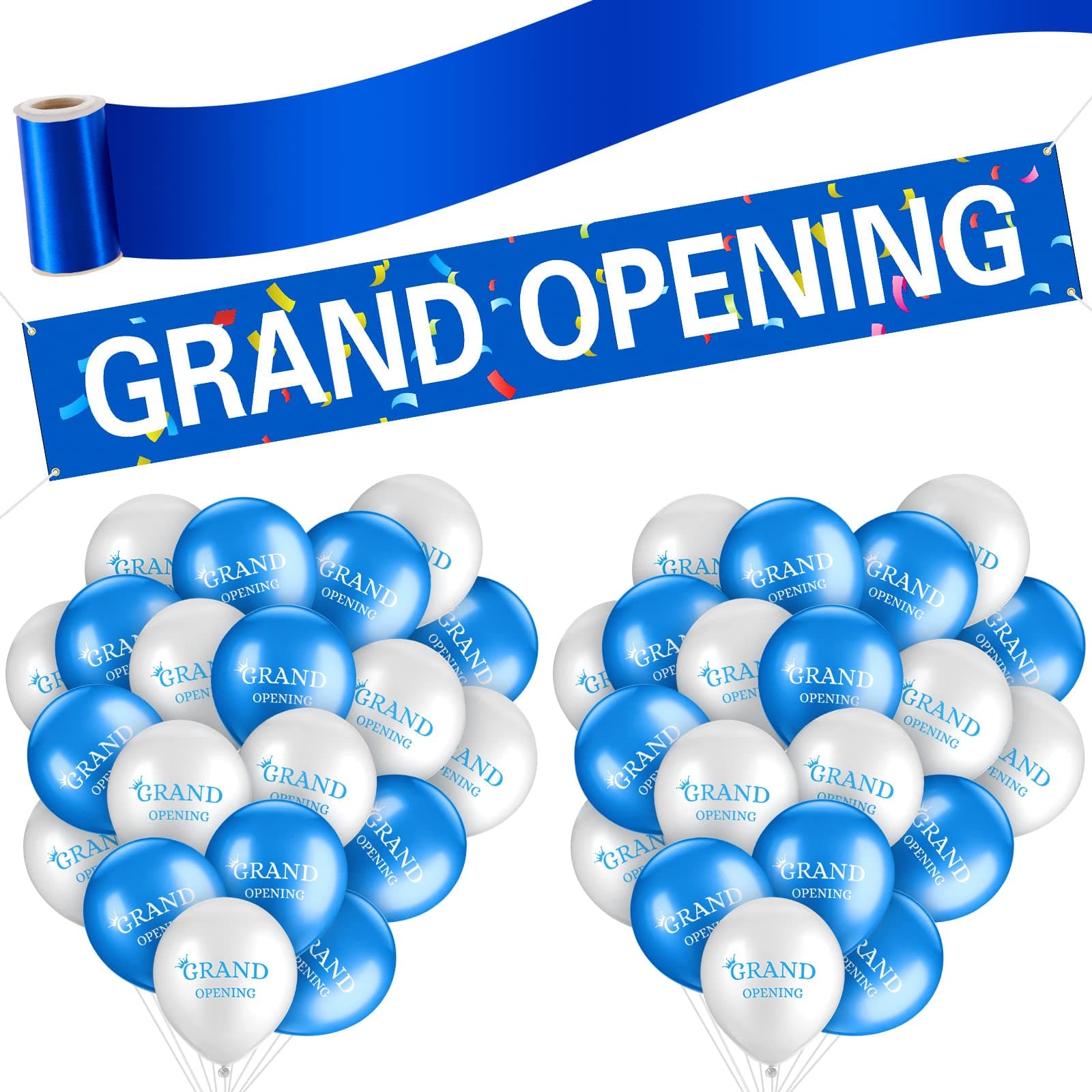 Lewtemi 42 Pieces Grand Opening Decorations Kit Includes 1.5 x 9.8 ft Grand Opening Banner 40 Balloons and Satin Ribbon for Events Inaugurations Ceremonies(Blue, White)