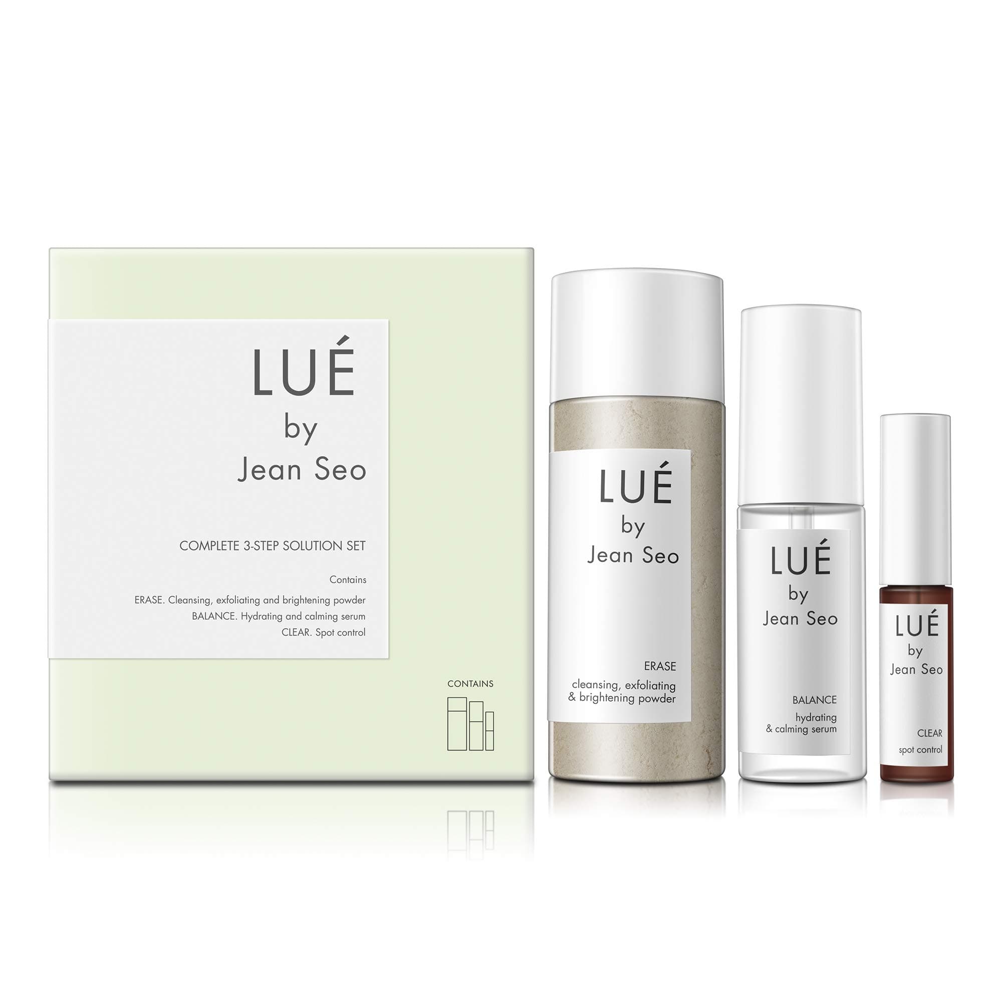 SKIN SOLUTION SET a THREE Step Solution for All Skin Types, Includes Lue by Jean Seo ERASE exfoliant, BALANCE Hydrating Serum and CLEAR Spot Control