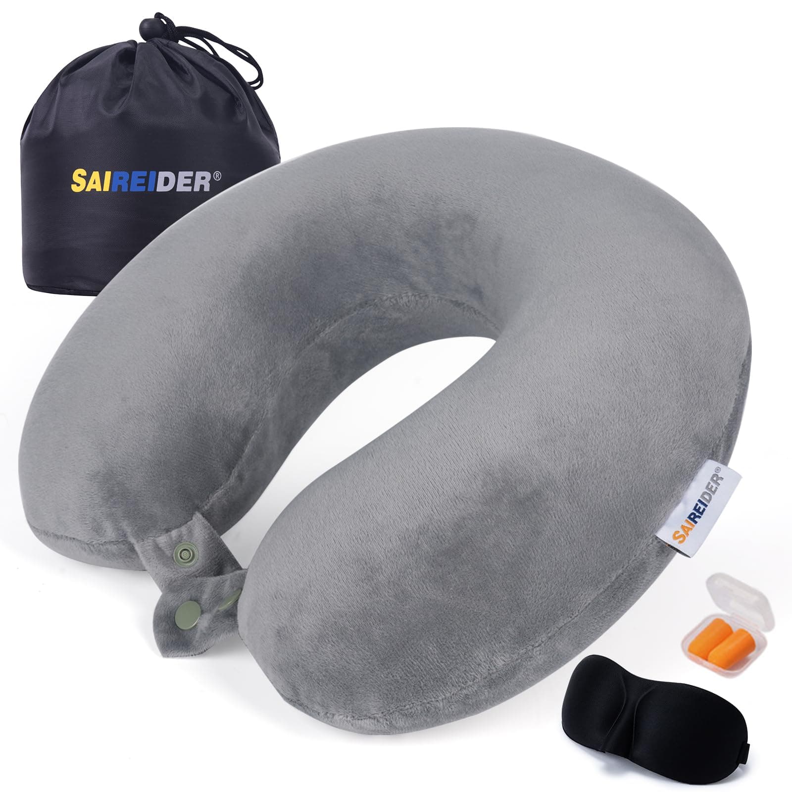 SAIREIDER Airplane Pillow 100% Memory Foam Neck Pillow for Airplanes Flight Rest Best Adjustable Travel Neck Support Pillows-Prevent The Heads from Falling Forward (Grey)