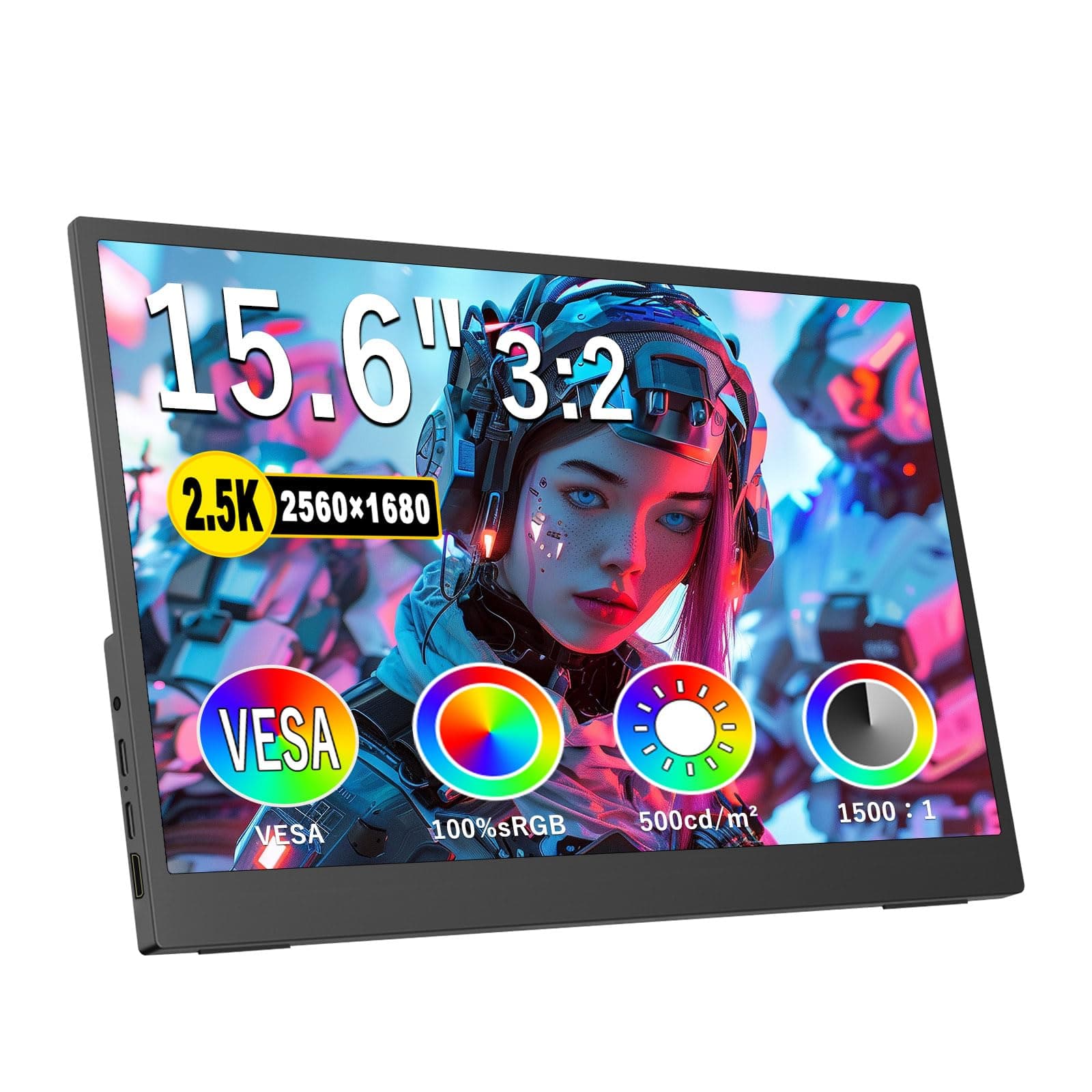 2.5K Portable Monitor 15.6inch UHD 2560 * 1680 for Laptop, 100% sRGB 500nits HDR IPS External Display w/Smart Cover & VESA Mount, USB-C HDMI Travel Second Screen for PC Mac Phone Xbox PS5