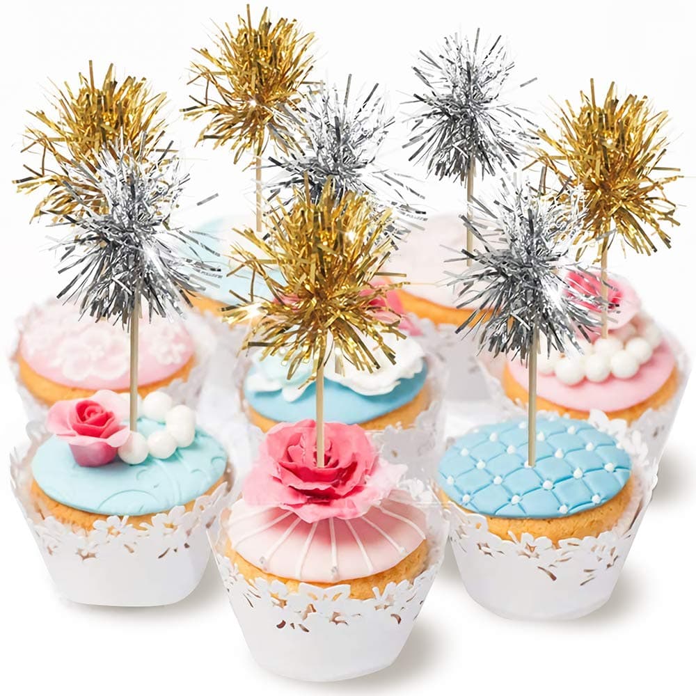 Sparkle Silver and Gold Tinsel Cakecup Toppers Cake Decoration for 4th July National Labor Days Independence Party Graduation Wedding Birthday Valentine's Day Celebration New Year Holiday 24pcs