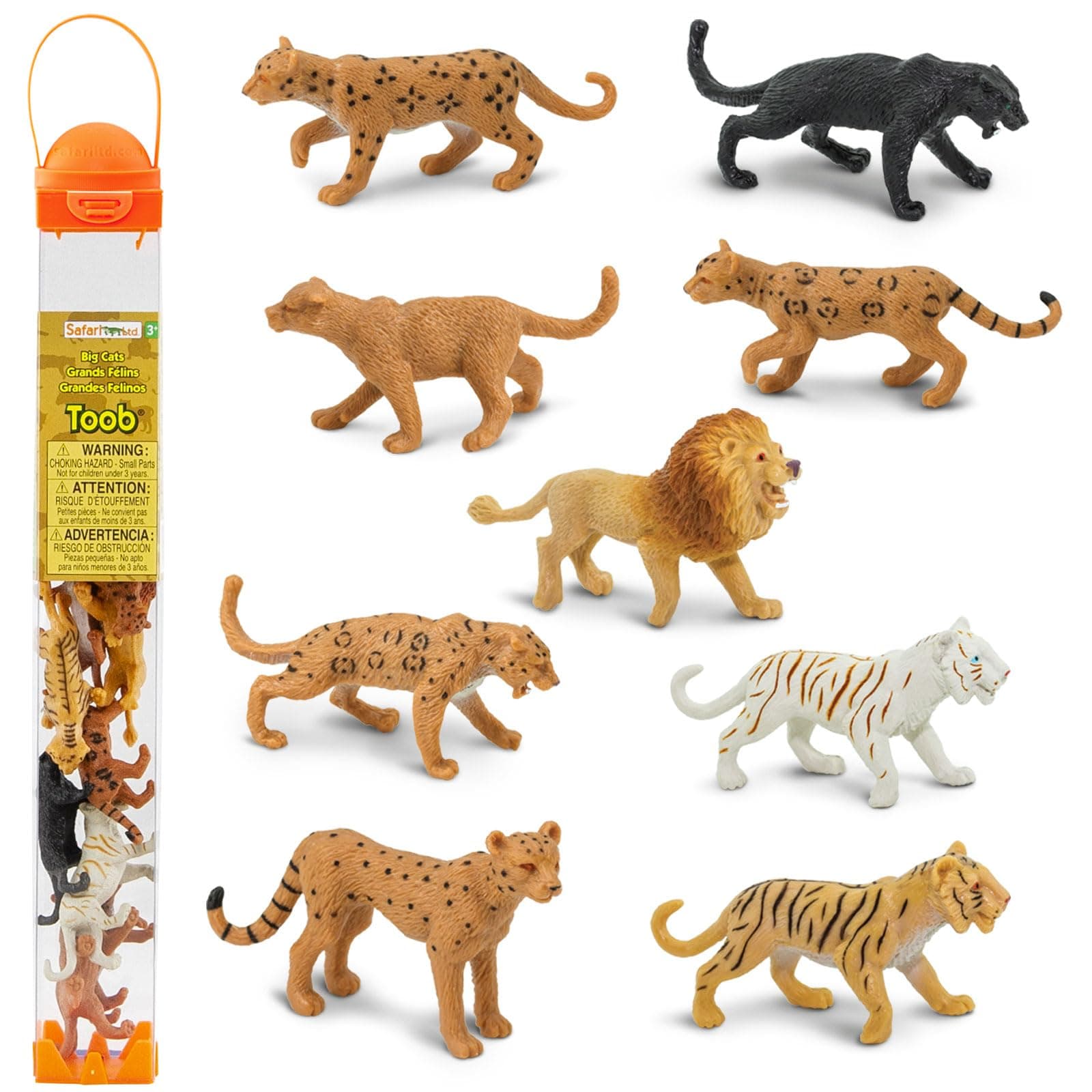Big Cats TOOB - 9 Mini Figurines Including Lion, Tiger, White Tiger, Jaguar, Black Jaguar, Mountain Lion, Cheetah, Leopard, and Ocelot - Educational Toy For Boys, Girls & Kids Ages 3+