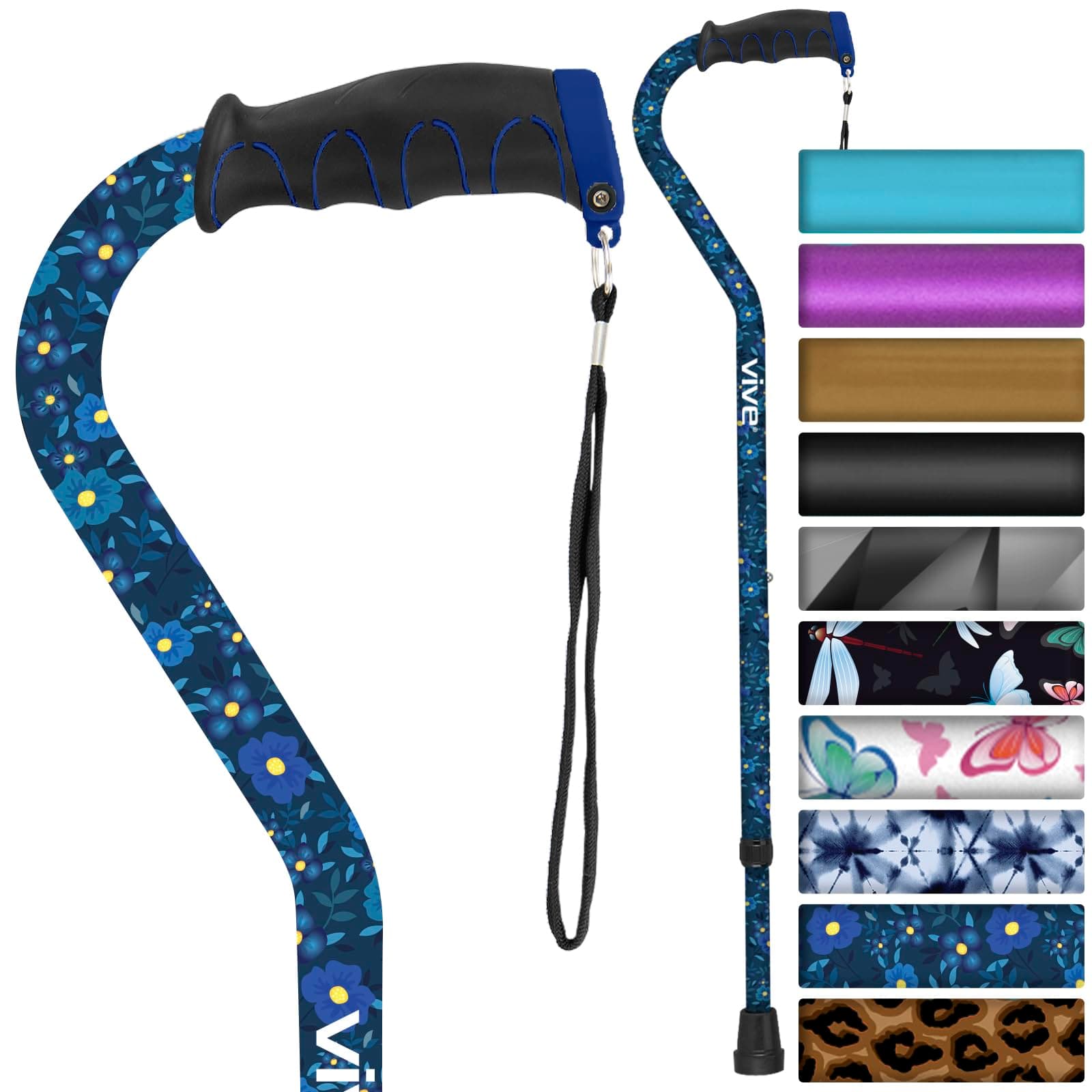Vive Walking Cane - for Men & Women - Portable, Adjustable Offset Balance Stick - Lightweight & Sturdy Mobility Walker Aid for Arthritis, Elderly, Seniors & Handicap (Blue Floral)
