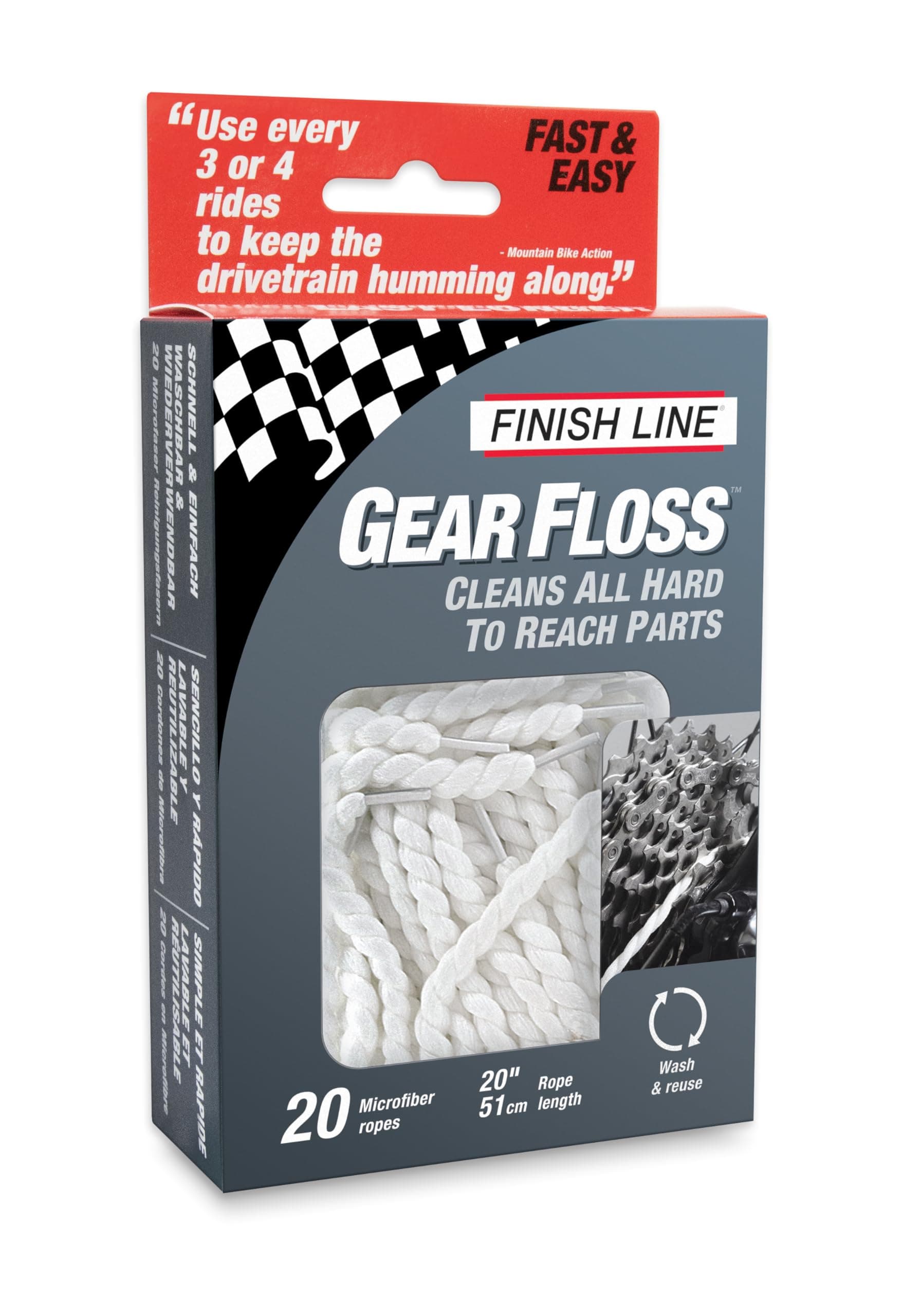 Finish Line Gear Floss Microfiber Cleaning Rope – Bicycle Detailing Tool for Cassettes, Chain Rings, Derailleur Pulleys, Hubs, Spindles, Brakes, and Bottom Brackets, Washable and Tear-Resistant
