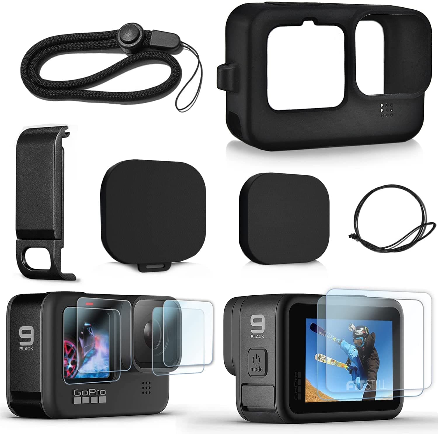Mount Accessories Kit for GoPro Hero 12/11/10/9 Black, Includes Replacement Side Door+6PCS Tempered Glass Screen Lens Protector+Lens Cover Cap+Silicone Sleeve Case.