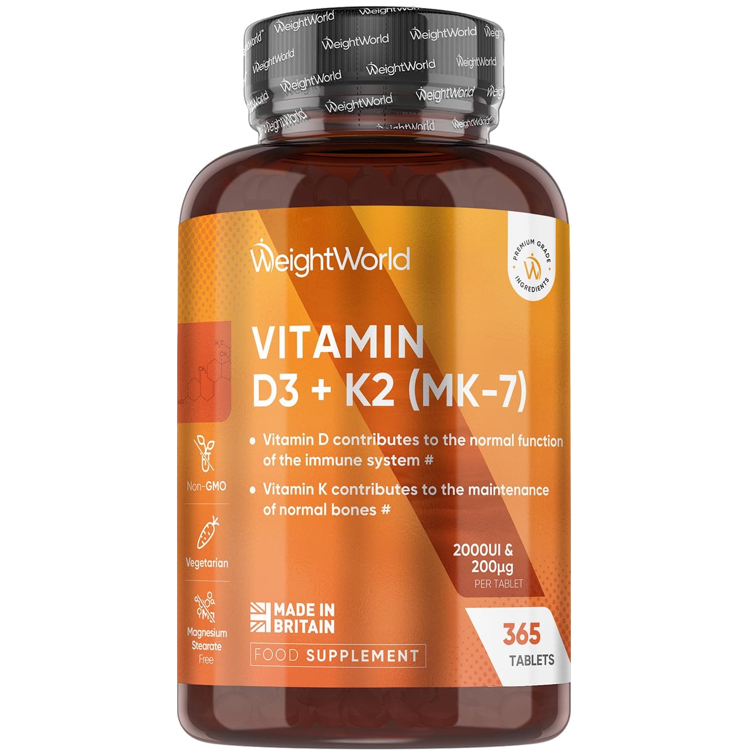 Vitamin D3 K2 Tablets | 365 Tablets | 1 Year Supply | 2000IU Vitamin D3 (Cholecalciferol) | 200mcg K2 (Menaquinone MK-7) | 1 per Day | Easy to Swallow (6mm) | Vegetarian & Non-GMO VIT D Supplement