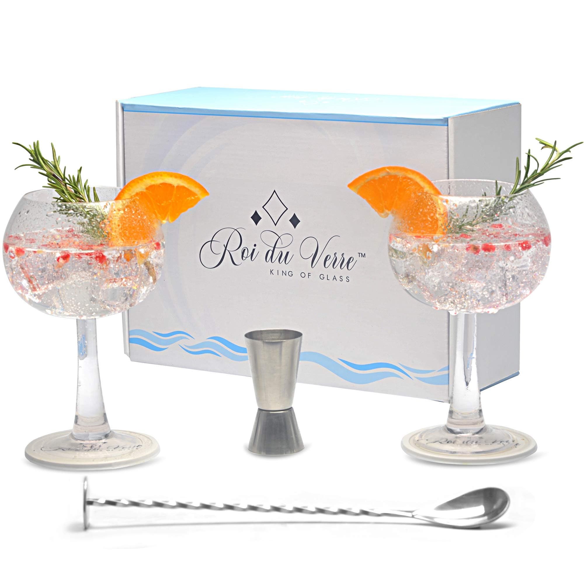 Gin Glass Cocktail Set with 2 Balloon 680ml Gin Glasses and All Cocktail Accessories - Cocktail Spoon, Measuring Cup and 2 Silicone Mats Presented in a Delightful Gift Box - The Perfect Gin Gift Set