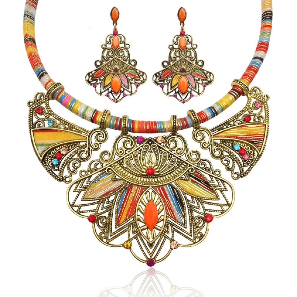 Chunky Necklace Earrings Women's Bohemian Chain Tribal Jewelry Set Handmade Geometric Charm Bib Choker Necklaces