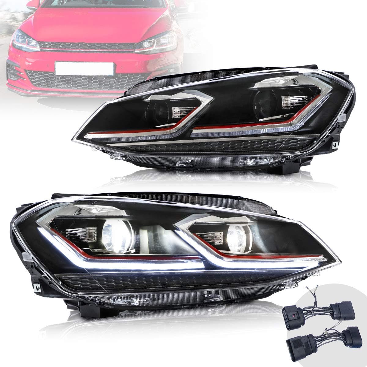 VLAND LED Headlight for 2013-17 Golf7 MK7 Red Stripe Front Lamp Assembly Dynamic LHD(Driver is on the left)