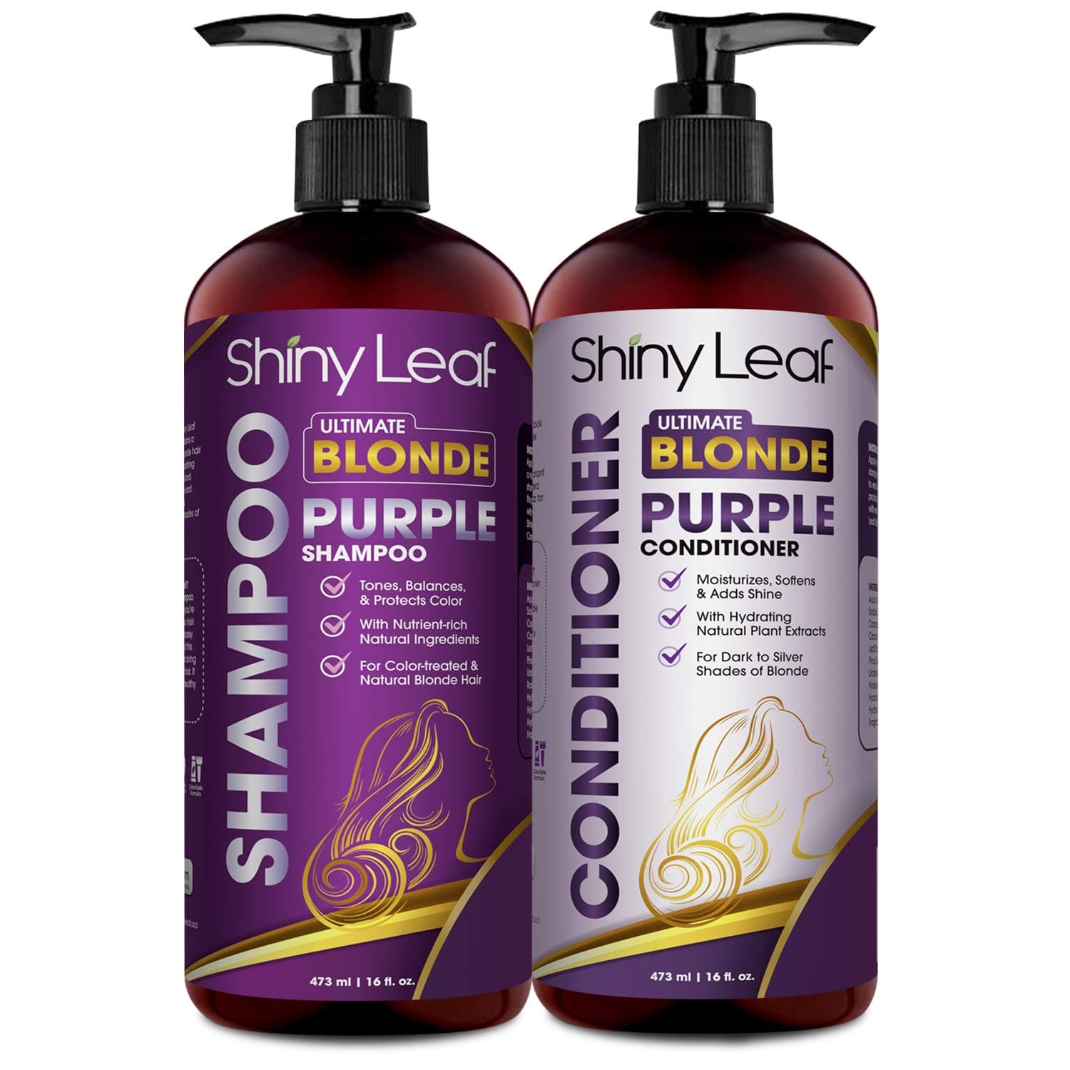 Shiny Leaf Ultimate Blonde Purple Shampoo and Conditioner – Sulfate and Paraben Free, Toning and Moisturizing for All Shades of Blonde and Bleached Hair – Enhances and Protects Color (2 x 16 fl. oz.)