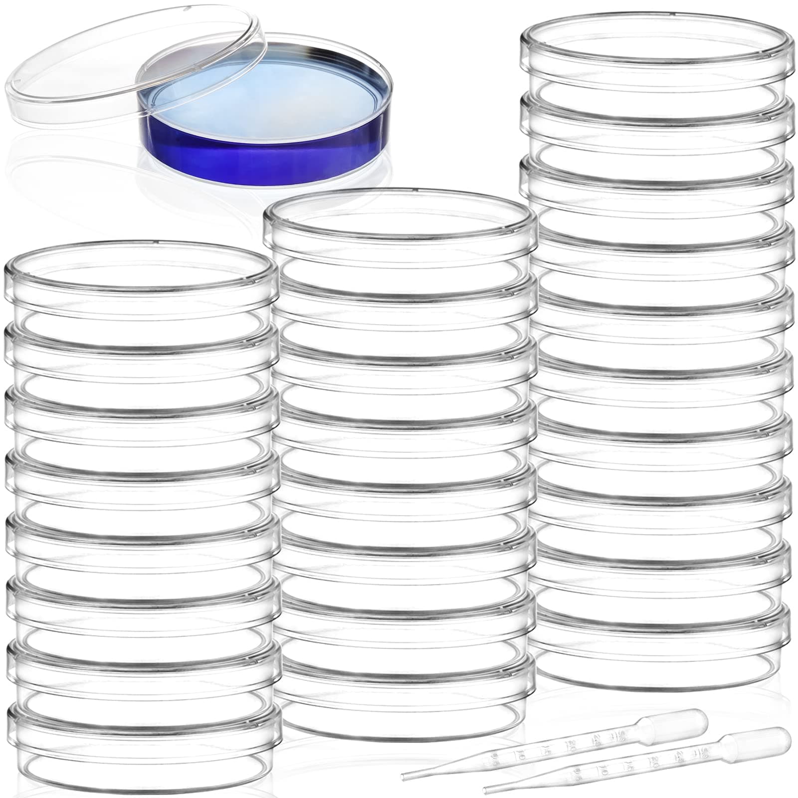 Bekith 100 Pack Plastic Petri Dishes with Lids, 60mm Dia x 15mm Deep Sterile Clear Petri Dishes with 100Pcs Plastic Transfer Pipettes (3ml) for Lab, Science, Experiment