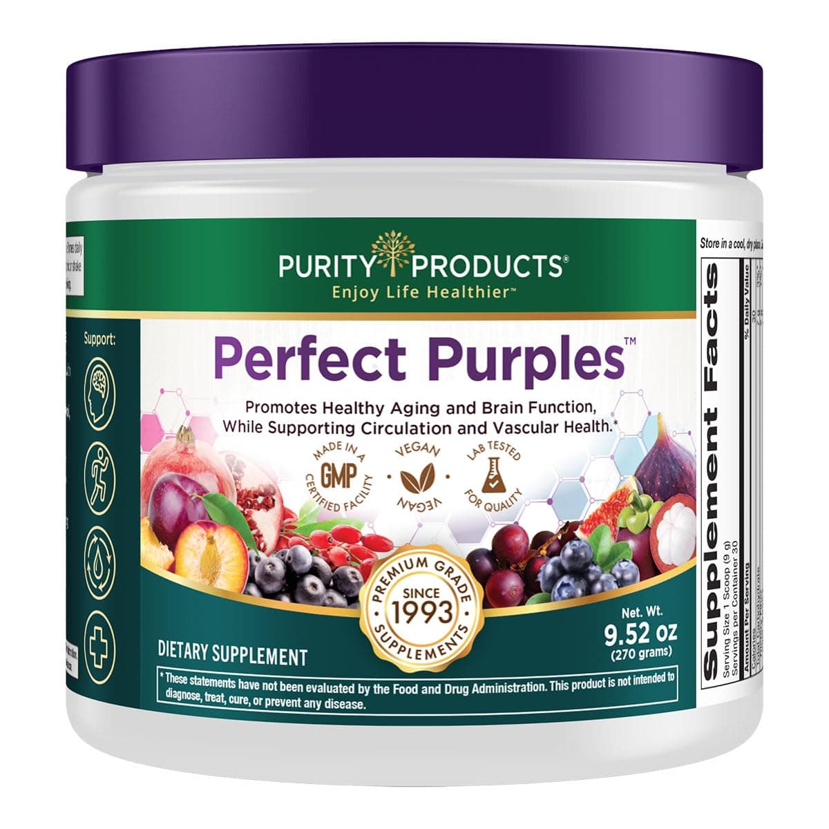 Purity Products Perfect Purples Powder Phytonutrient Rich, Healthy Aging Super Formula - Support Total Body Health - High ORAC Power - P40p Pomegranate Extract w/ 40% Punicosides - 30 Day Supply
