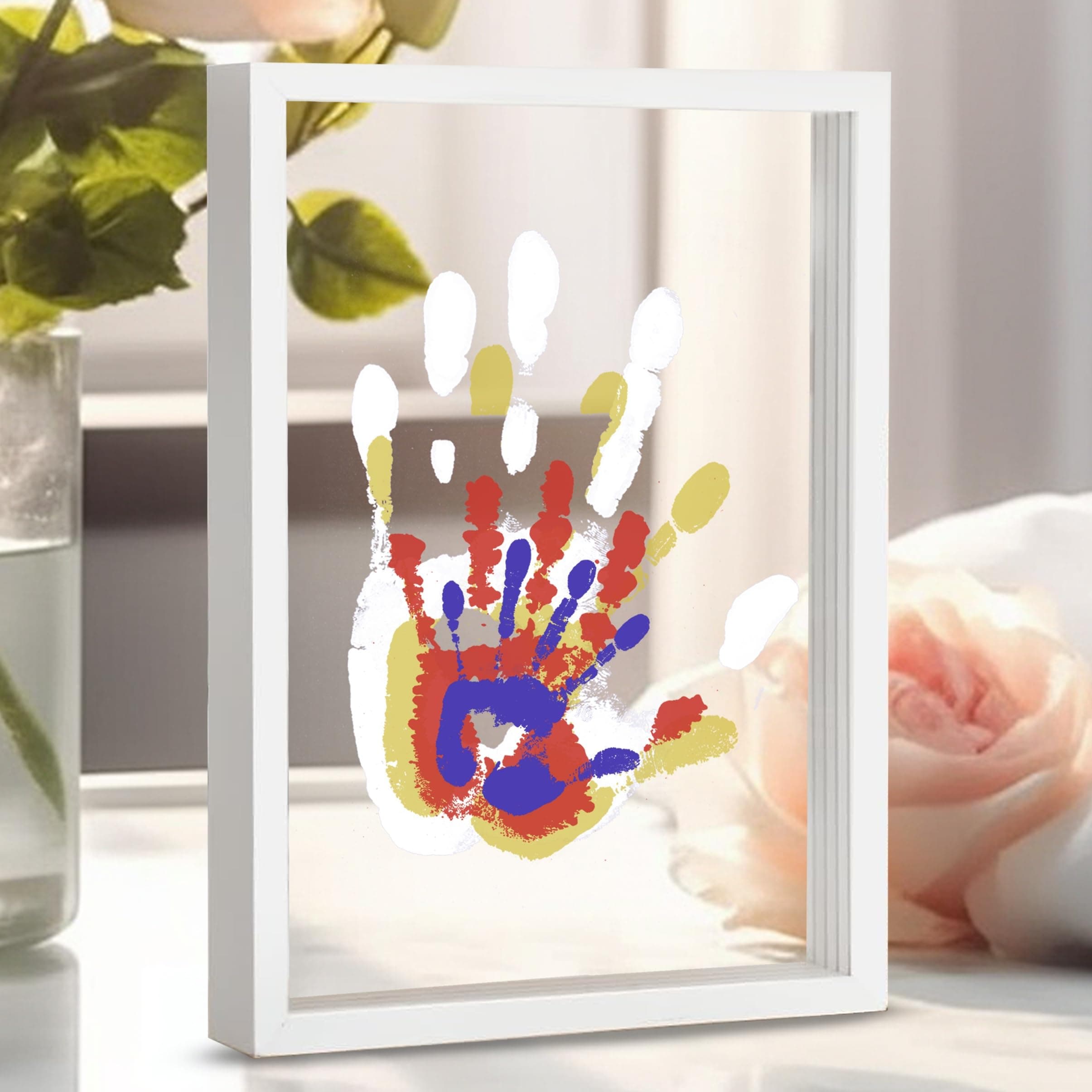 Family Handprint Kit, DIY Craft Keepsake Wooden Frame, Endless Gift Set, Non-Toxic Paints, Transparent Sheets (White)