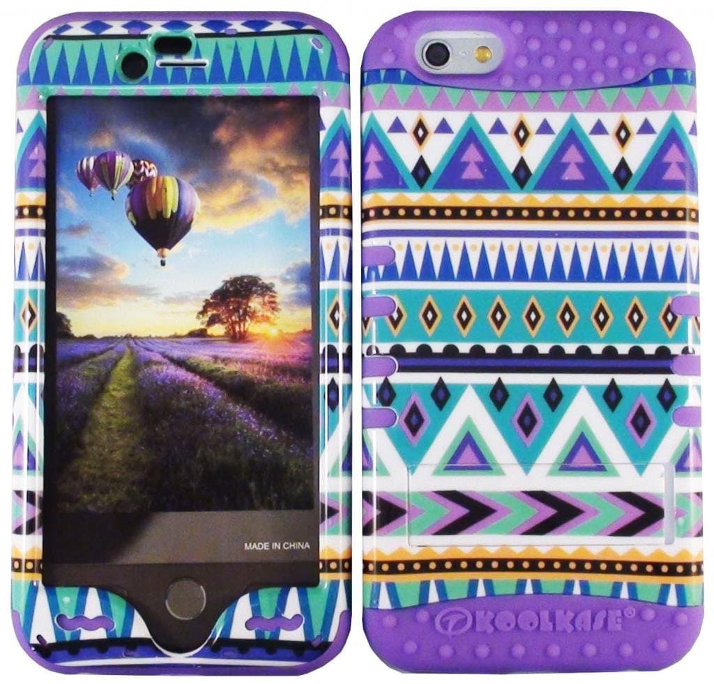 Cellphone Trendz Hard & Soft Rubber Hybrid HIGH Impact Protective CASE Cover for Apple iPhone 6 4.7" 6th Generation - Blue Aztec Tribal Design Hard Case Design on Purple Silicone