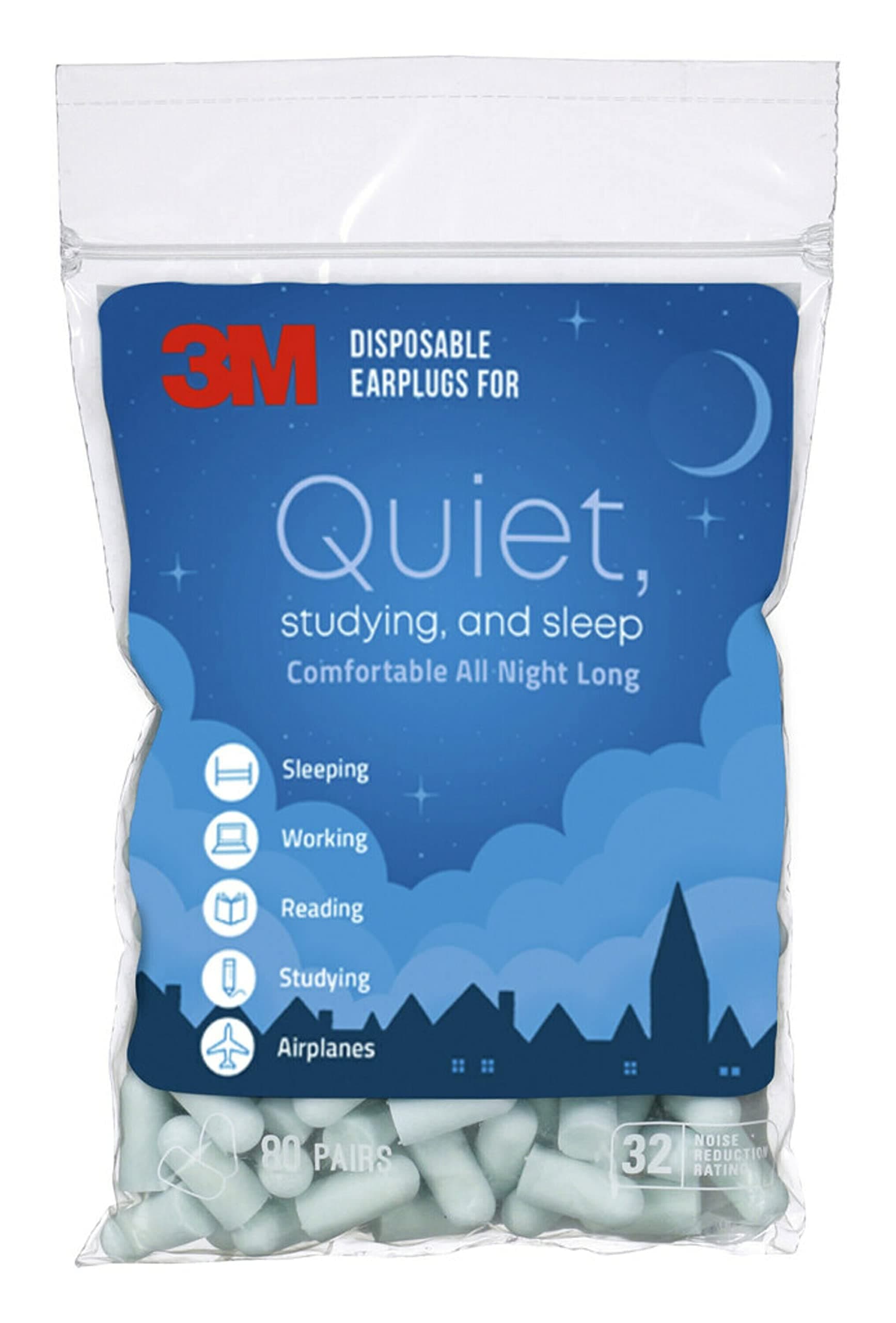 3M Disposable Earplugs, Hearing Protection for Quiet & Sleep, Light Blue, 32 NRR, 80 pairs in a resealable bag