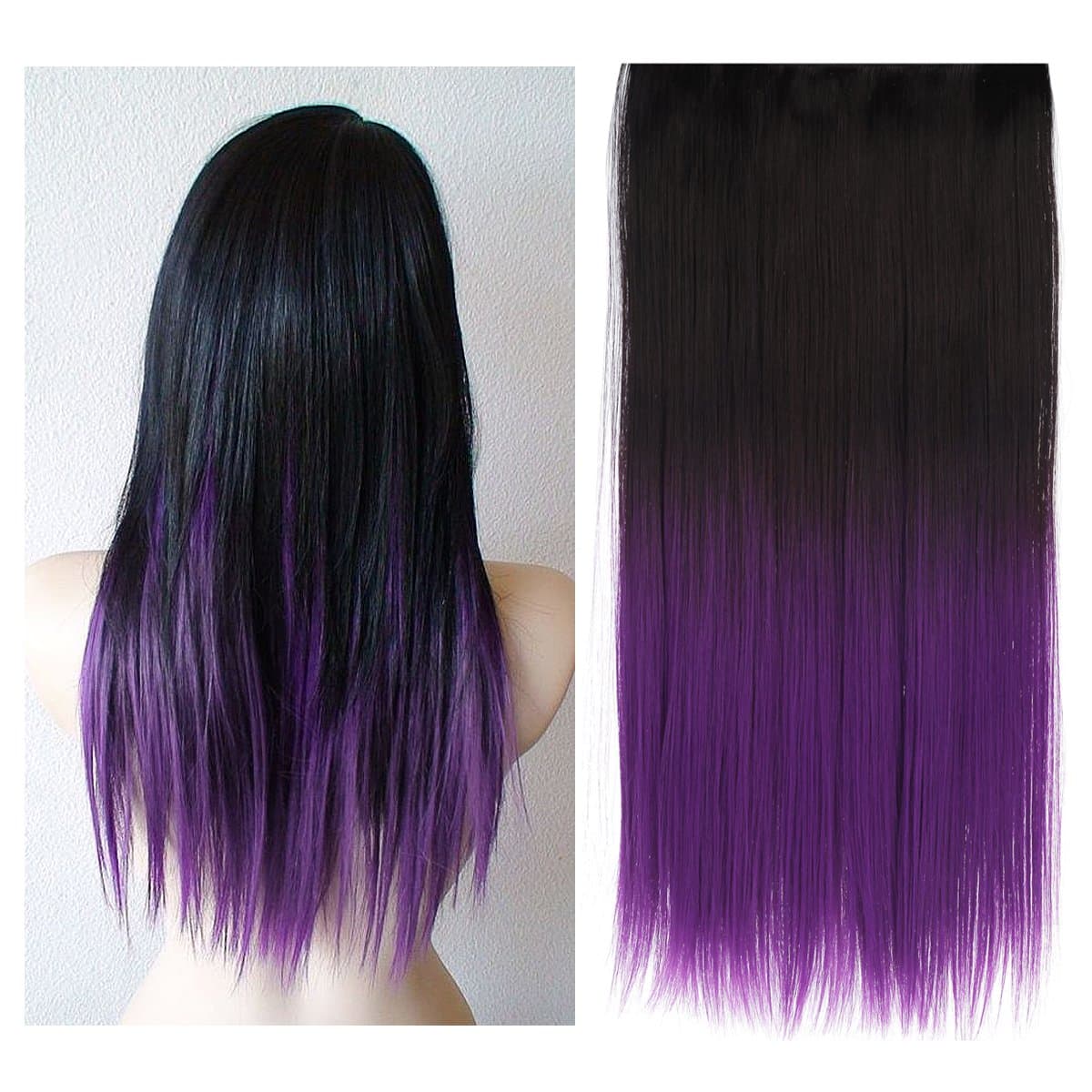 SARLA 24" Straight 1Pc 3/4 Full Head Clip In Colored Highlight Hair Extension Synthetic Ombre Hair Extensions Japan Heat Resistant Fiber 50 Colors Available(#666 1BTPURPLE)