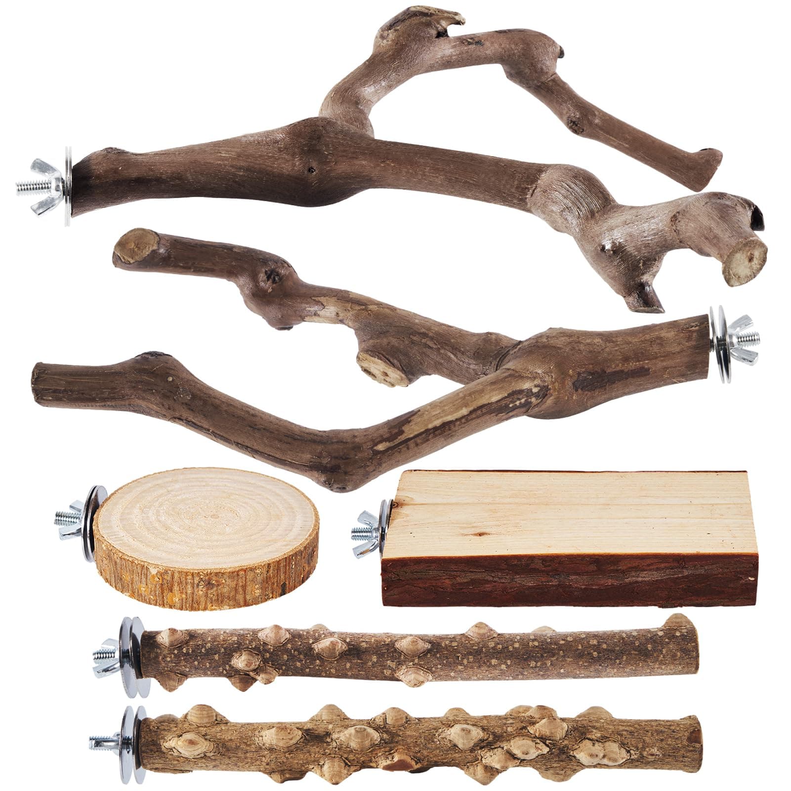 6-Piece Bird Perch Set - Natural Wood Grape Sticks, Paw Grinding Forks, Bird Stand & Toys for Parakeets, Cockatiels, Conure, Budgies
