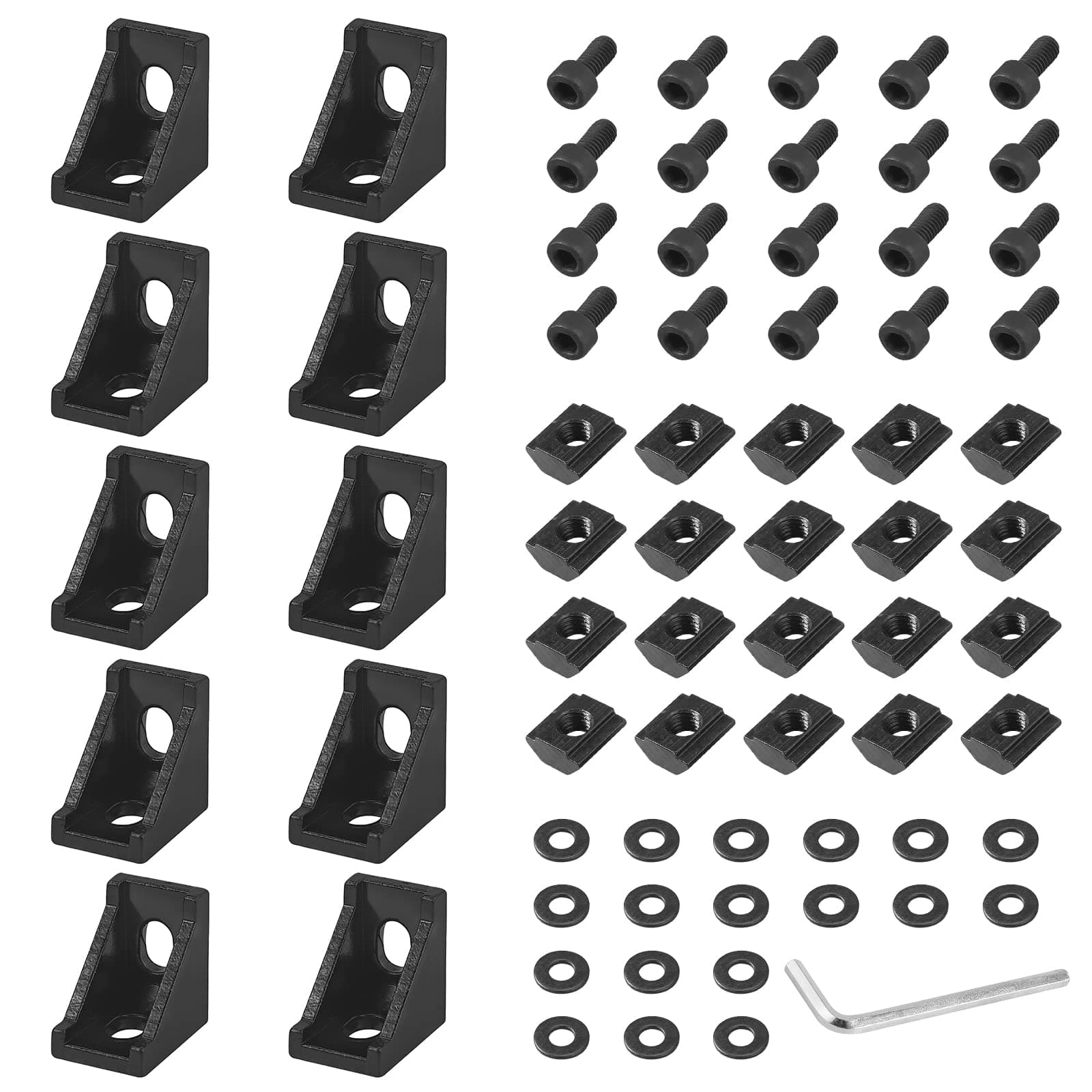 10-Pack 2020 Series Black Aluminum Corner Brackets - 90-Degree L-Shape Extrusion Connectors with M5x10 Hex Bolts & T-Nuts for 2020 Profiles (6mm Slots)
