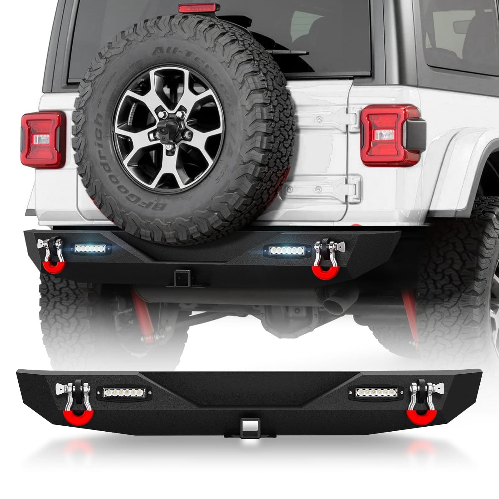 OBNAUXRear Bumper Compatible with 2018 2019 2020 2021 2022 2023 2024 Wrangler Jeep JL JLU with 2" Hitch Receiver, D-Rings for 2/4 Doors