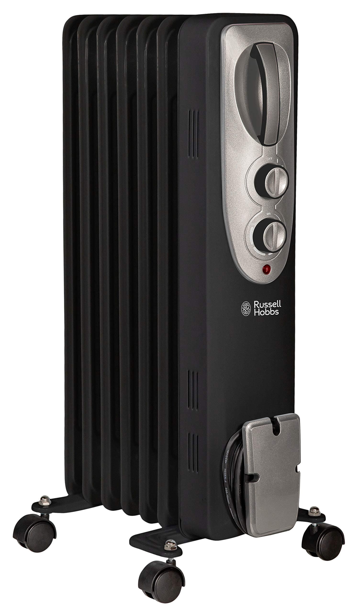 Russell Hobbs 1500W/1.5KW Oil Filled Radiator, 7 Fin Portable Electric Heater - Black, Adjustable Thermostat with 3 Heat Settings, Safety Cut-off, 15 m sq Room Size, RHOFR5001B, 2 Year Guarantee
