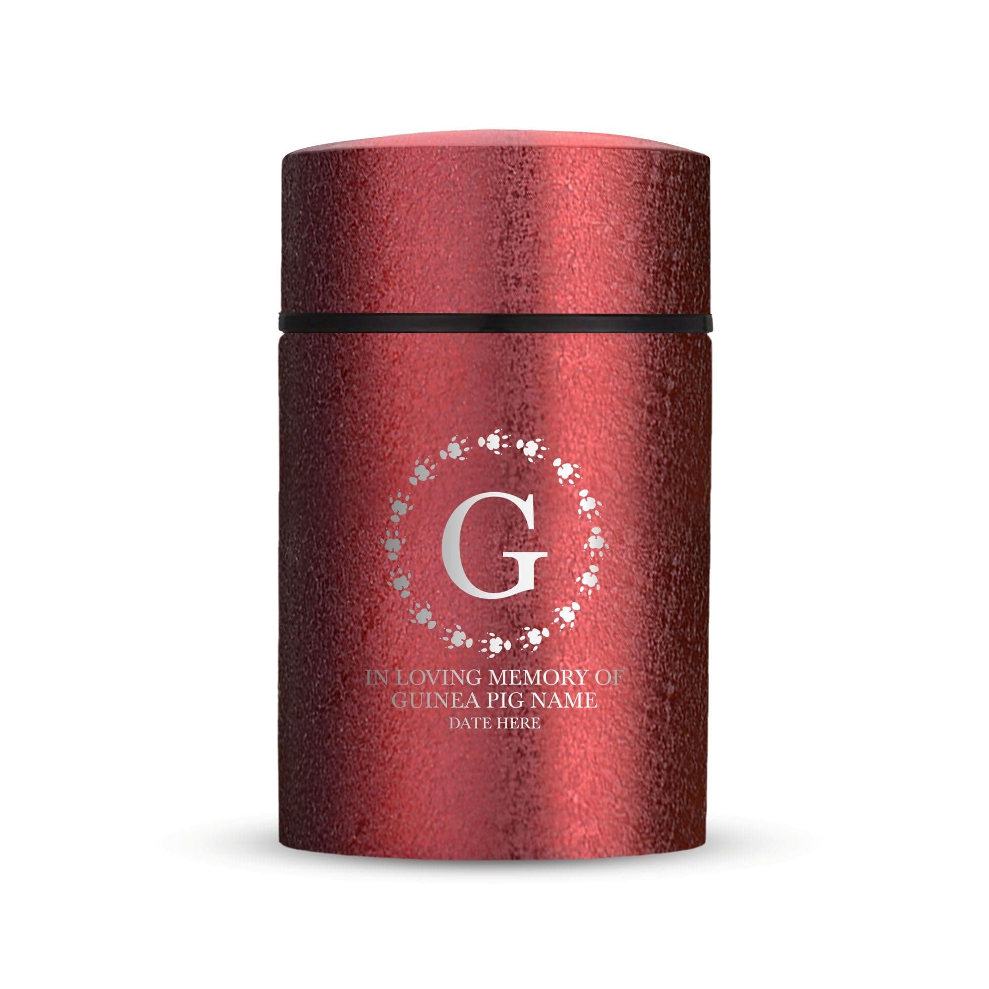 Personalized Custom Compact Mini Guinea Pig Keepsake Textured Pet Cremation Urn - Engraved Stainless Urn for Pet Memorial Ashes, Ice Red, 3.2" x 2" (4-8 lbs Capacity) Guinea Paw Print Circular Frame