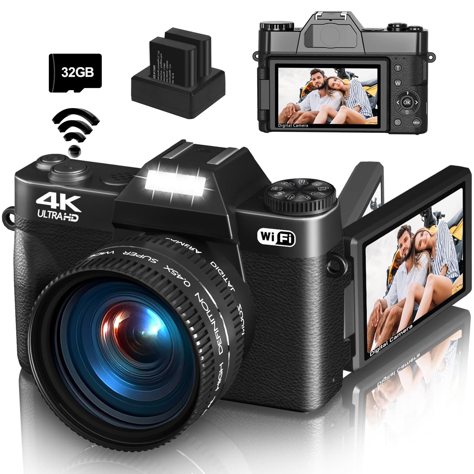 Digital Cameras for Photography, 4K 48MP Vlogging Camera with 16X Digital Zoom Rechargeable Manual Focus, Compact WiFi Camera with 52mm Wide Angle Lens and Macro Lens, 32G Micro Card & 2