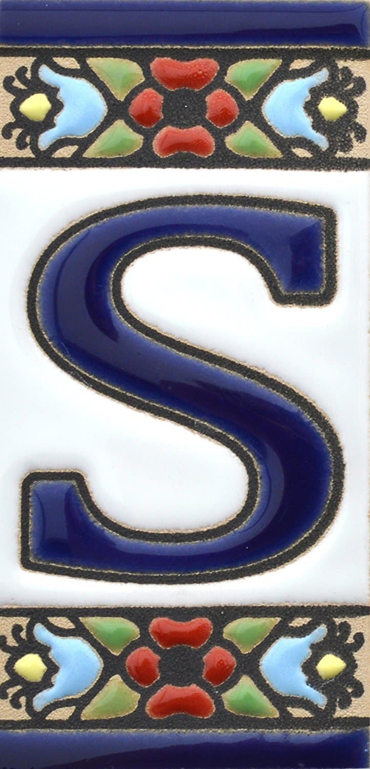 Spanish, Hand painted polichrome ceramic tiles. letters and numbers handpainted using dry rope technique perfect to create signs,addresses and names. Design FLORES MINI (LETTER S)