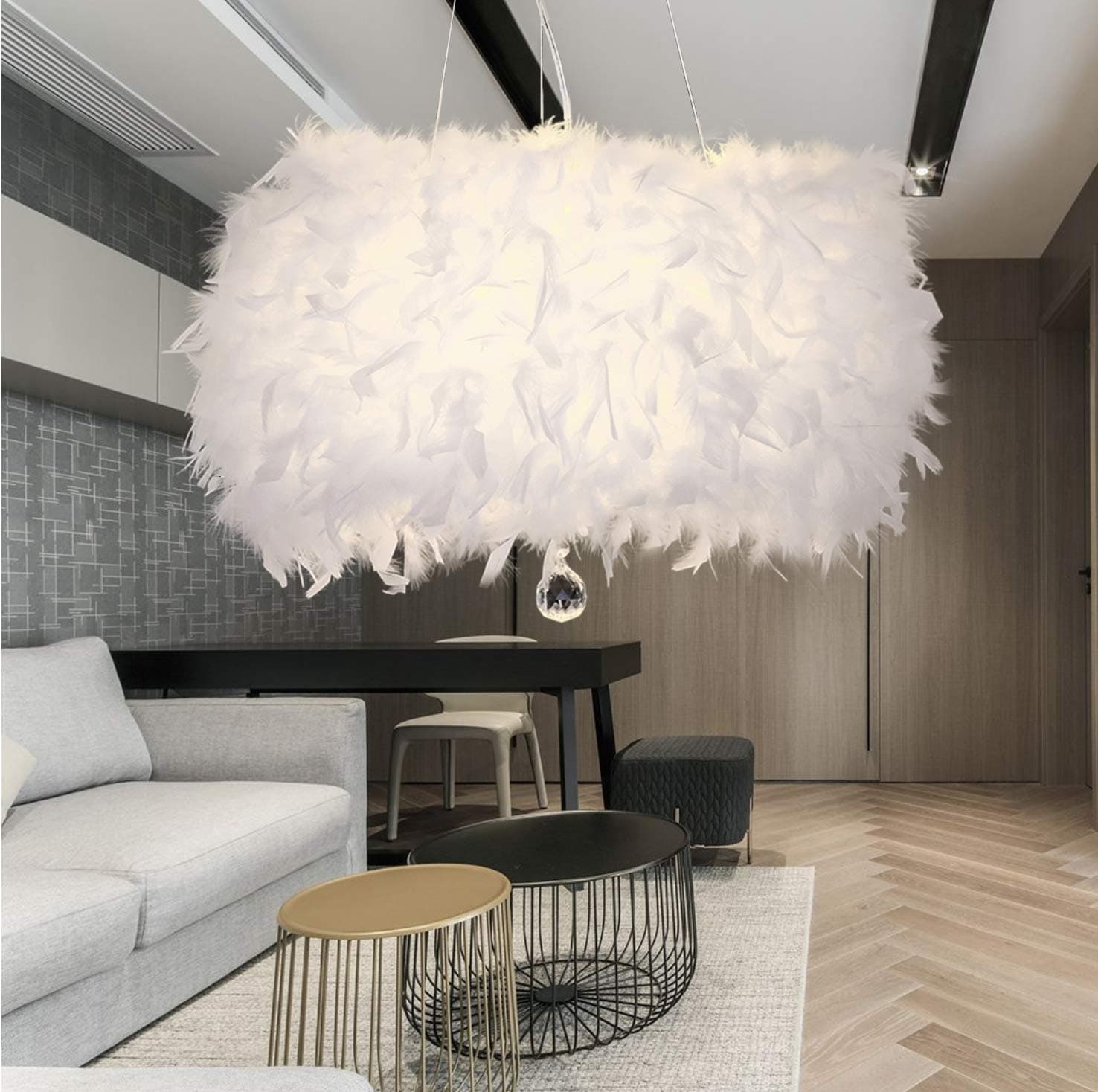 Indoor Ceiling Lamp Chandelier Lampshade Modern Retro Fashion Feather Crystal Pendant Ceiling Light with Shade Decoration for Living Room Bedroom Bar Coffee Shop Restaurant Hotel