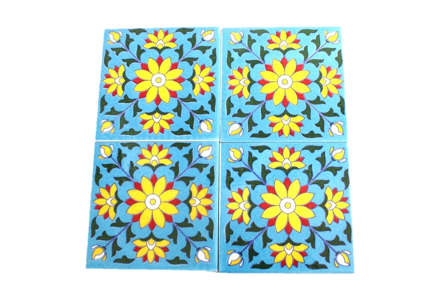The Himalaya Craft Blue Pottery Ceramic Handmade Tiles for Wall (4 x 4-inch) - Pack of 4 (Sky Blue)