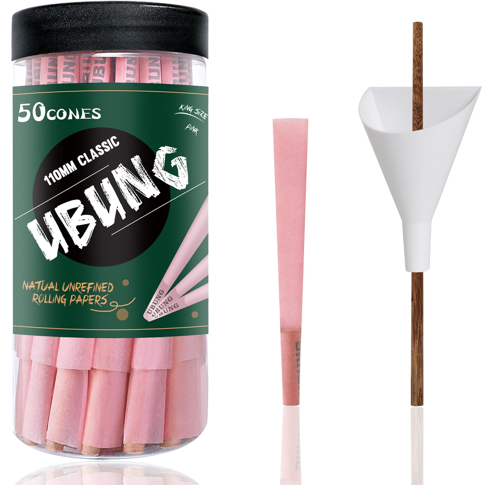 UBUNG Pink Cones, 50 Pack, King Size Pink Pre Rolled Cones With Tips, Slow Type Rolling Paper, Length 4.25 in / 108 mm, Including 1 Cone Loader And 1 Push Rod