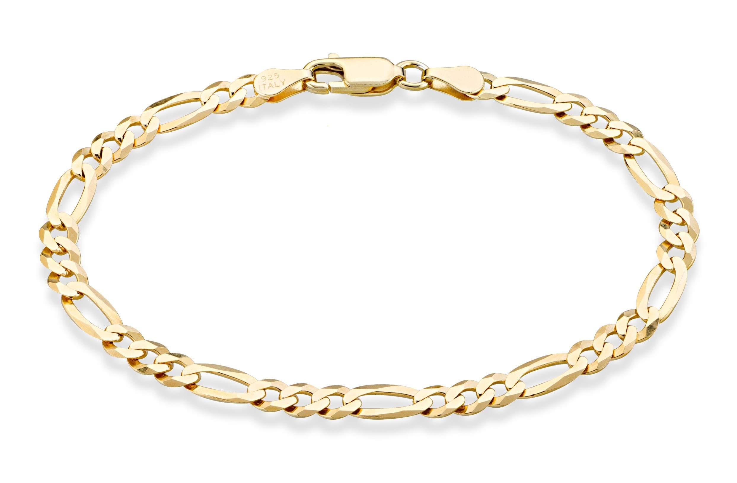 18K Gold Plated 925 Sterling Silver Italian 5mm Diamond-Cut Figaro Chain Bracelet for Women Men, Made in Italy
