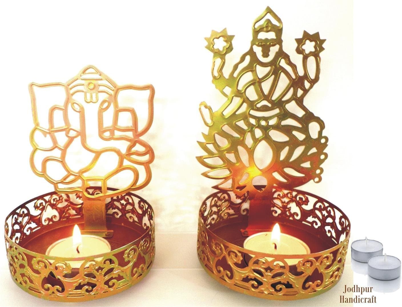 Handicraft Shadow Diya Tealight Candle Holder of Laxmi ji Ganesh ji with 4 Tealight Candles - Happy Deepawali Collection 2021
