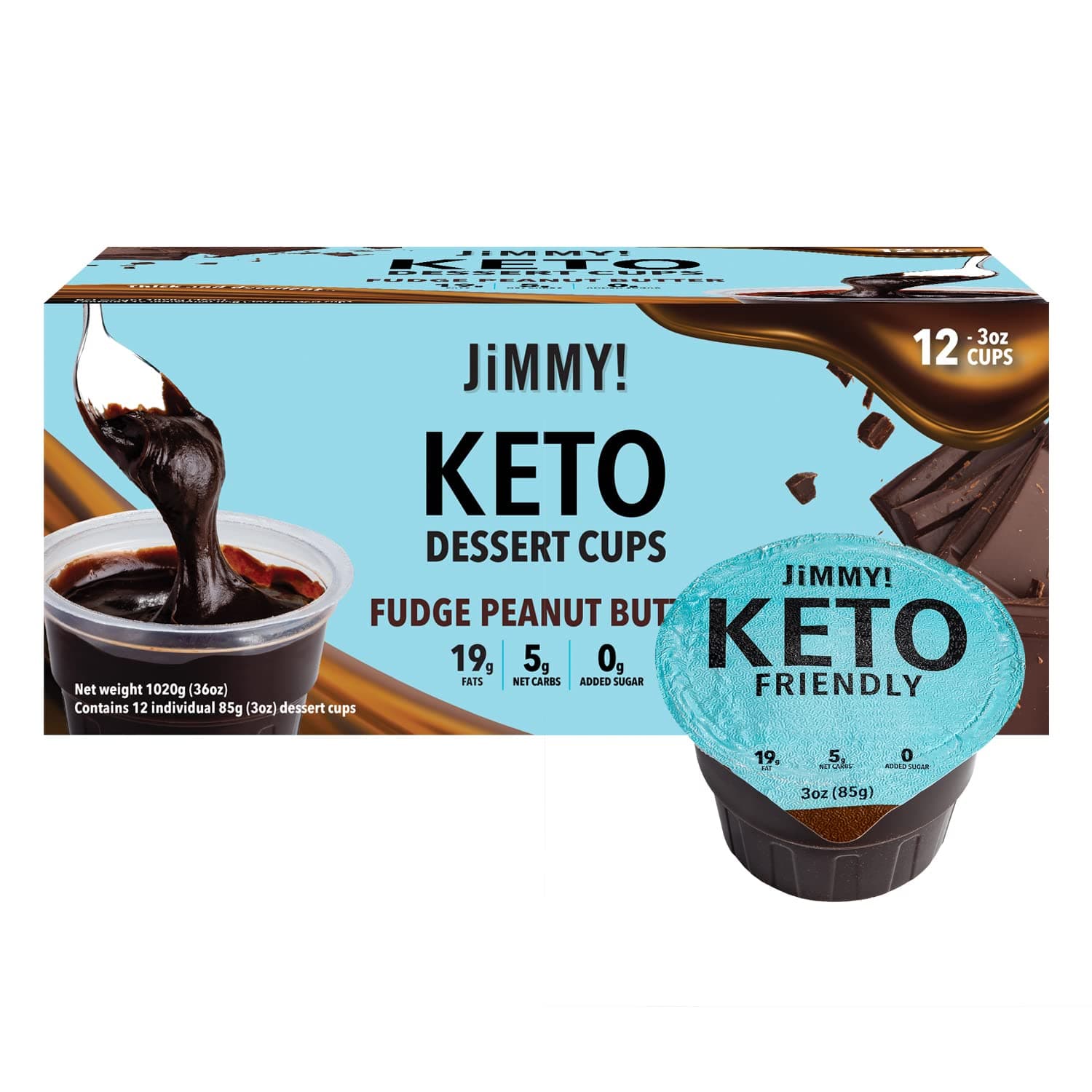 JiMMY! Keto Fudge Peanut Butter Dessert Cups (Packaging May Vary) - Dessert & Snack, 5g of Net Carbs, & 0g added sugar, 3 oz. Single Serve Container (Chocolate Fudge, 12 Pack)