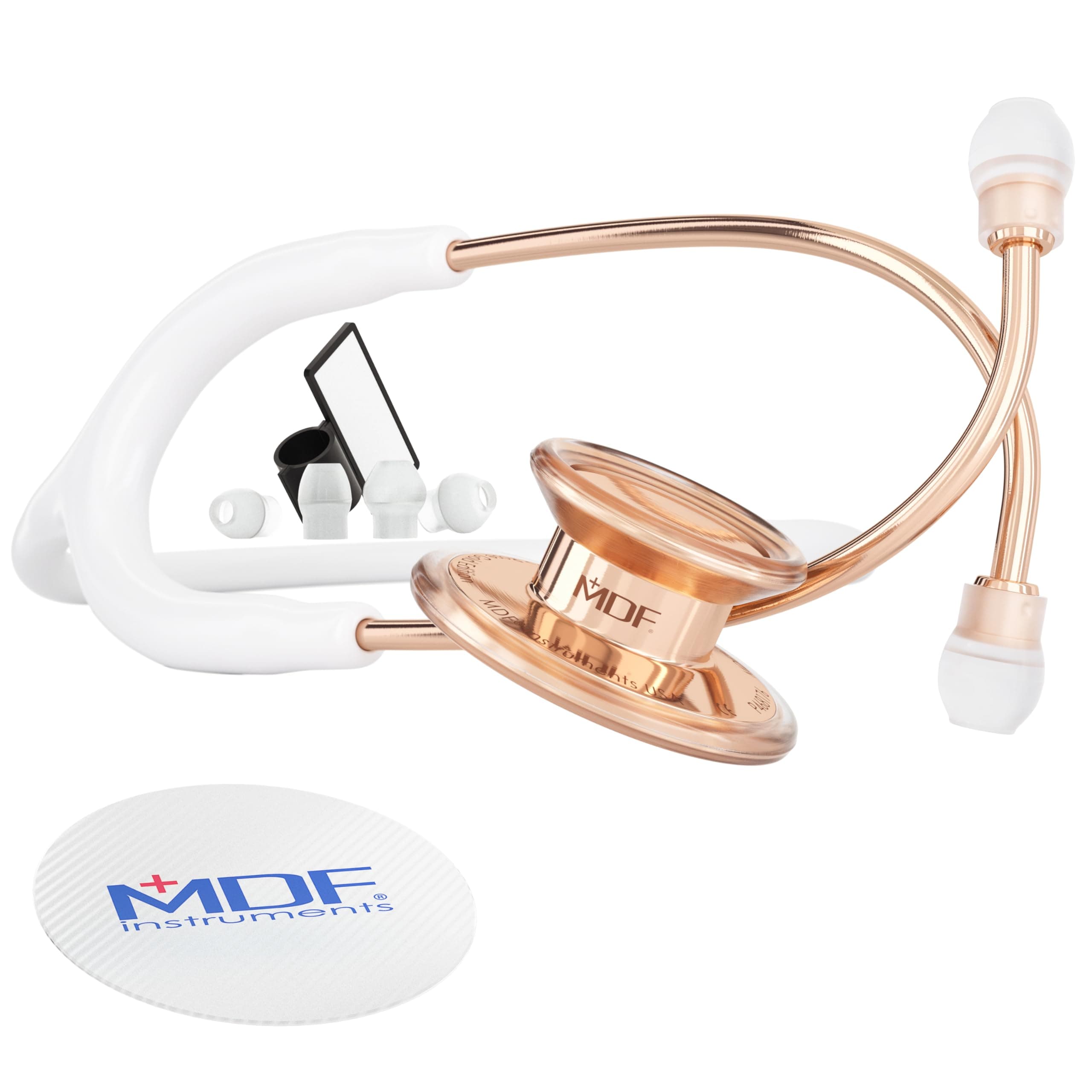 RoseGold MD One Stainless Steel Stethoscope, Adult, White Tube, RoseGold Chestpieces-Headset, MDF777RG29