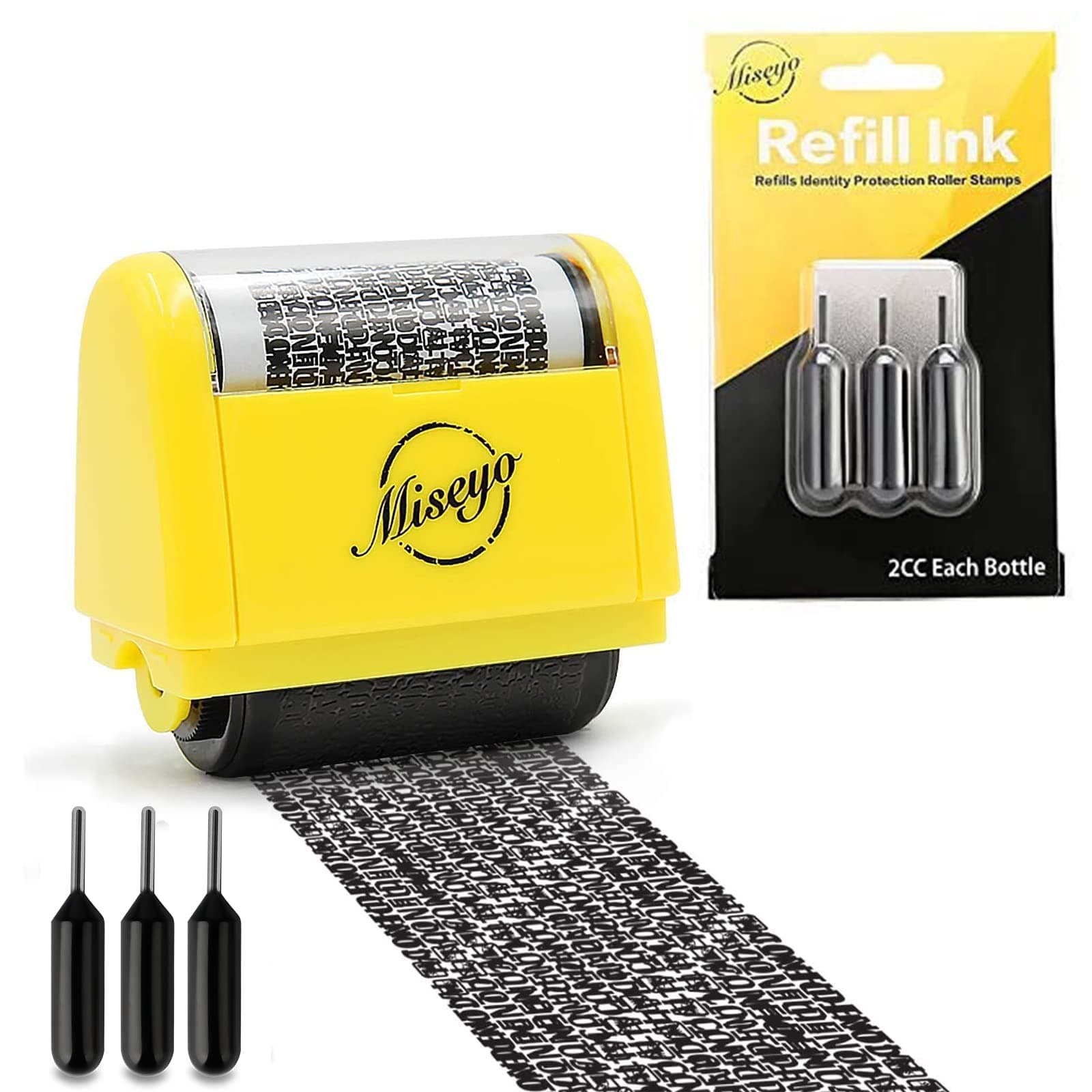 MiseyoWide Identity Theft Protection Roller Stamp Set - Yellow (3 Refill Ink Included) with Refill Ink - 3 Pack - Black Ink