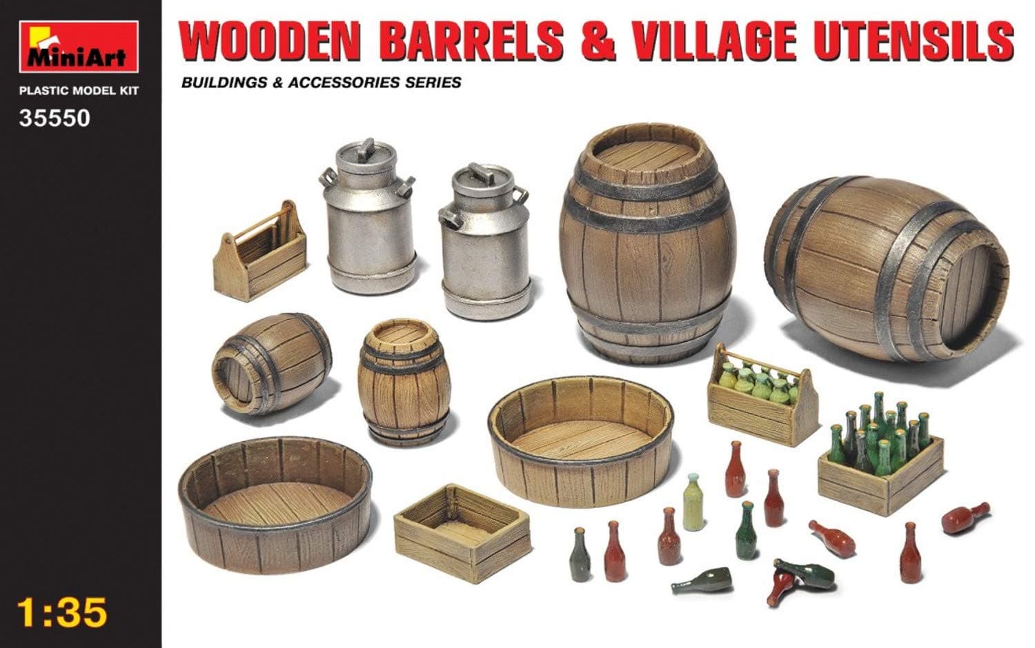 MiniArt 1:35 Scale Wooden Barrels & Village Utensils Plastic Model Kit,Multicolor,Small