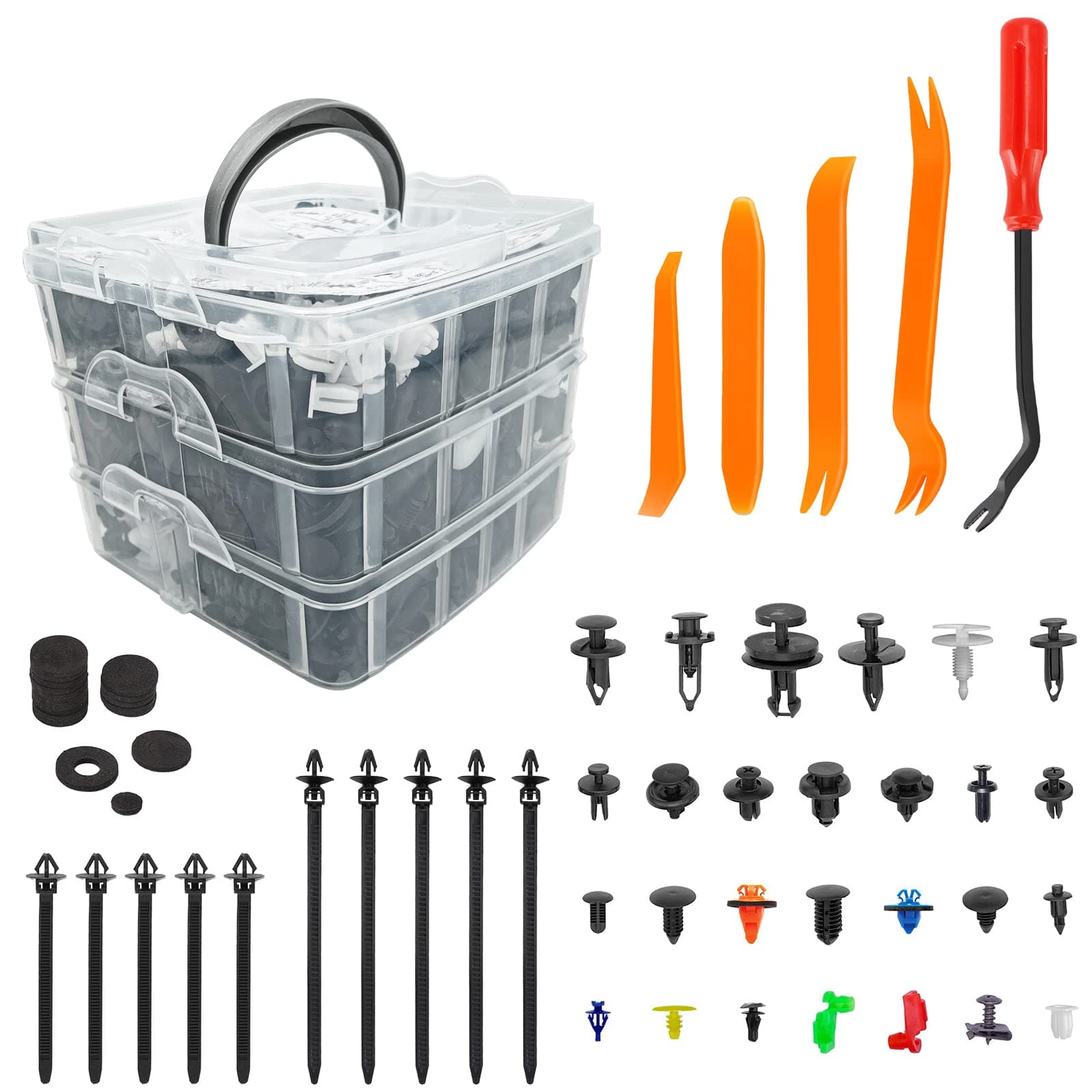 970Pcs Car Retainer Clips, Bumper Fender Plastic Rivet,16 Most Popular Sizes Nylon Push Pin Set, Auto Body Door Panel Fastener Trim Remover Kit for Toyota GM Ford Honda Acura Chrysler