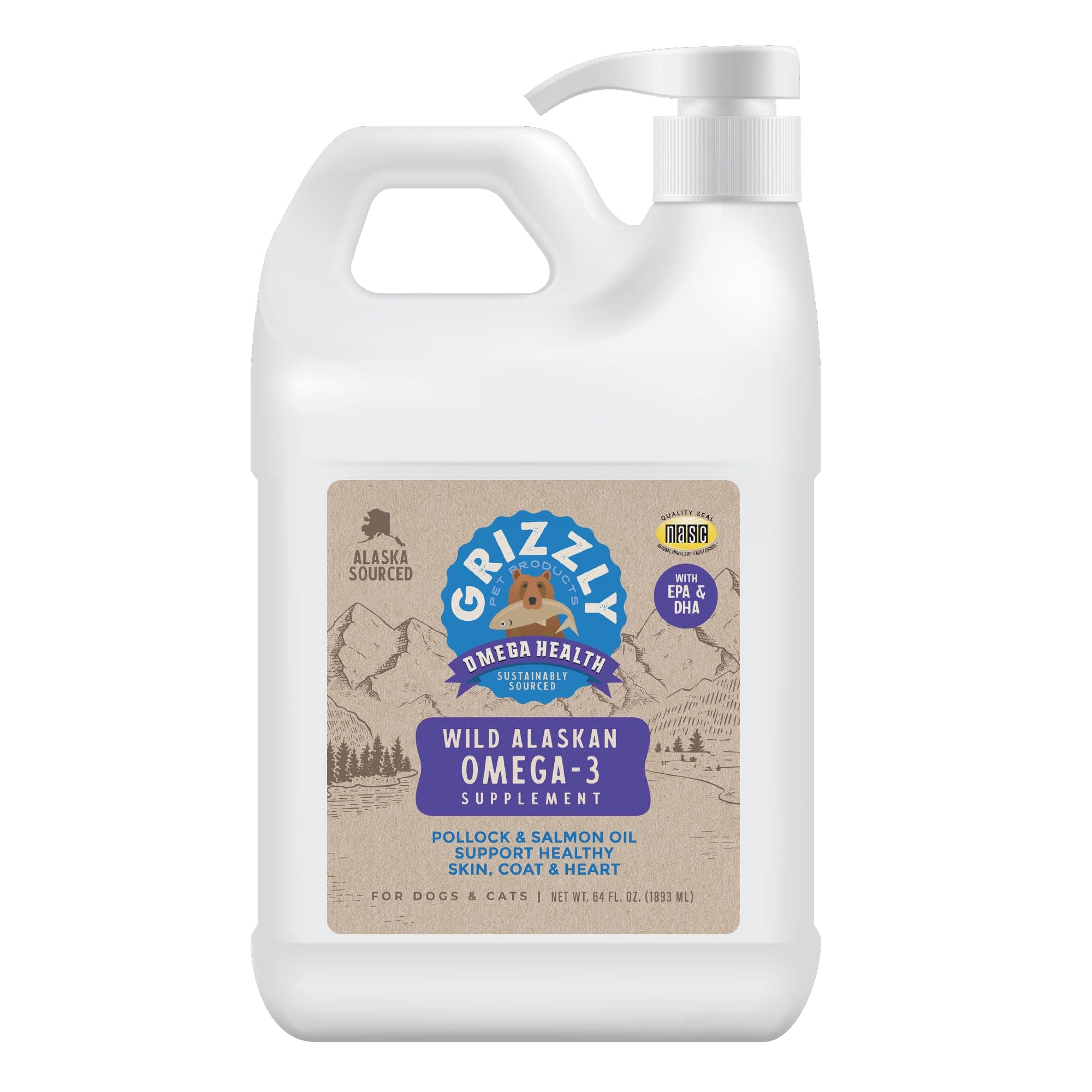 Grizzly Omega Health for Dogs & Cats, Wild Salmon/Pollock Oil Omega-3 Blend 64 oz 00852