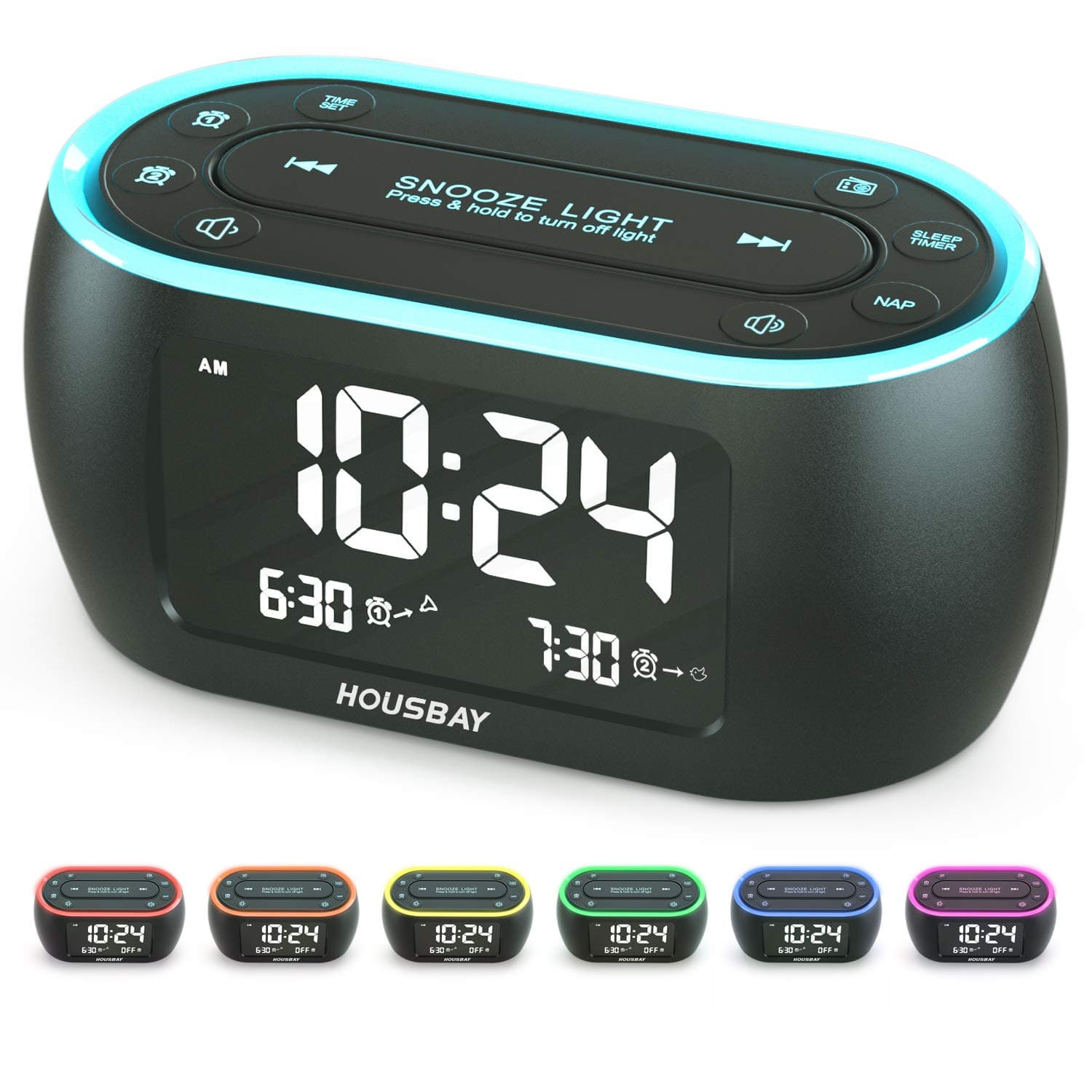 Glow Small Alarm Clock Radio for Bedrooms with 7 Color Night Light, Dual Alarm, Dimmer, USB Charger, Battery Backup, Nap Timer, FM Radio with Auto-Off Timer for Bedside
