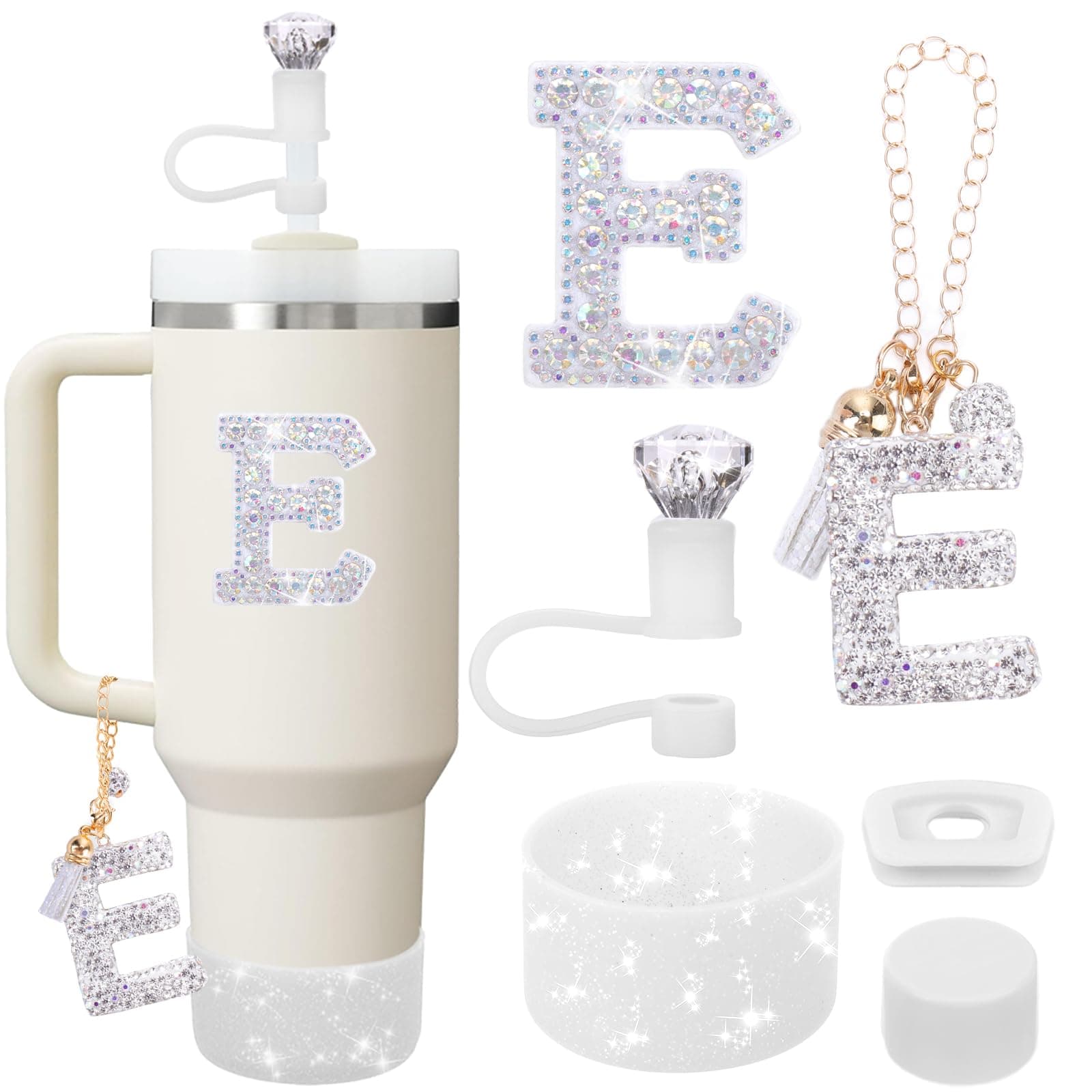 Mity rain Accessories Set for Stanley Cup, Initials Decorations for Tumbler Cup 30/40OZ, Including Diamond Straw Topper/Spill Proof Stopper/Sparkly Silicone Boot Set/Letter Charms for Handle A-Z (E)