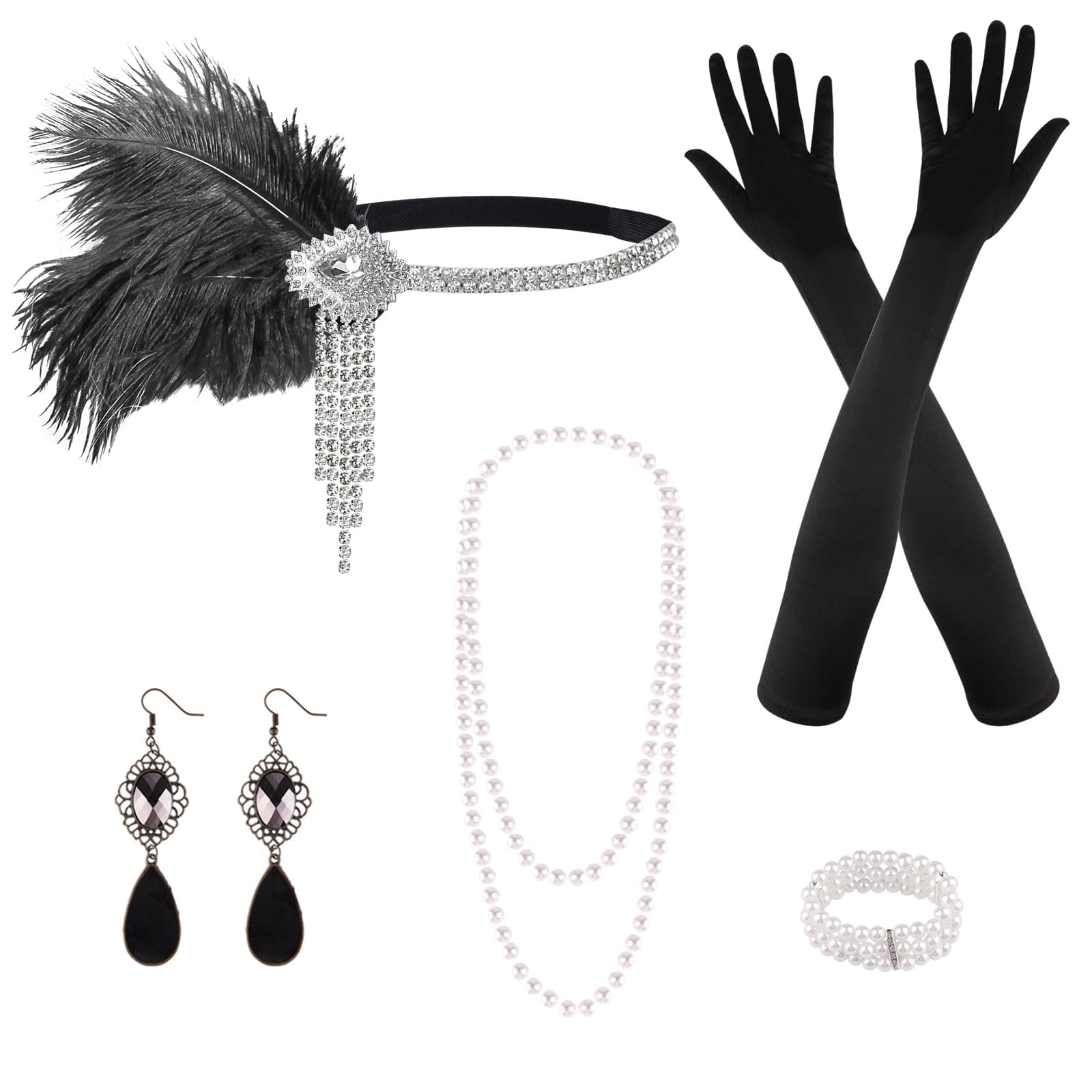 PLULON 1920s Flapper Great Gatsby Accessories Set Fashion Roaring 20's Theme Set with Headband Headpiece Long Black Gloves Necklace Earrings for Women
