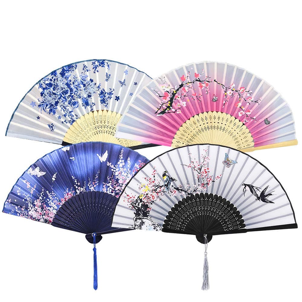 4 Pieces Hand Folding Fans for Women, Silk Fabric and Hollow Carved Bamboo Handheld Folding Fan, Chinese Style Hand Fan with Tassels for Gifts and Wall Decoration
