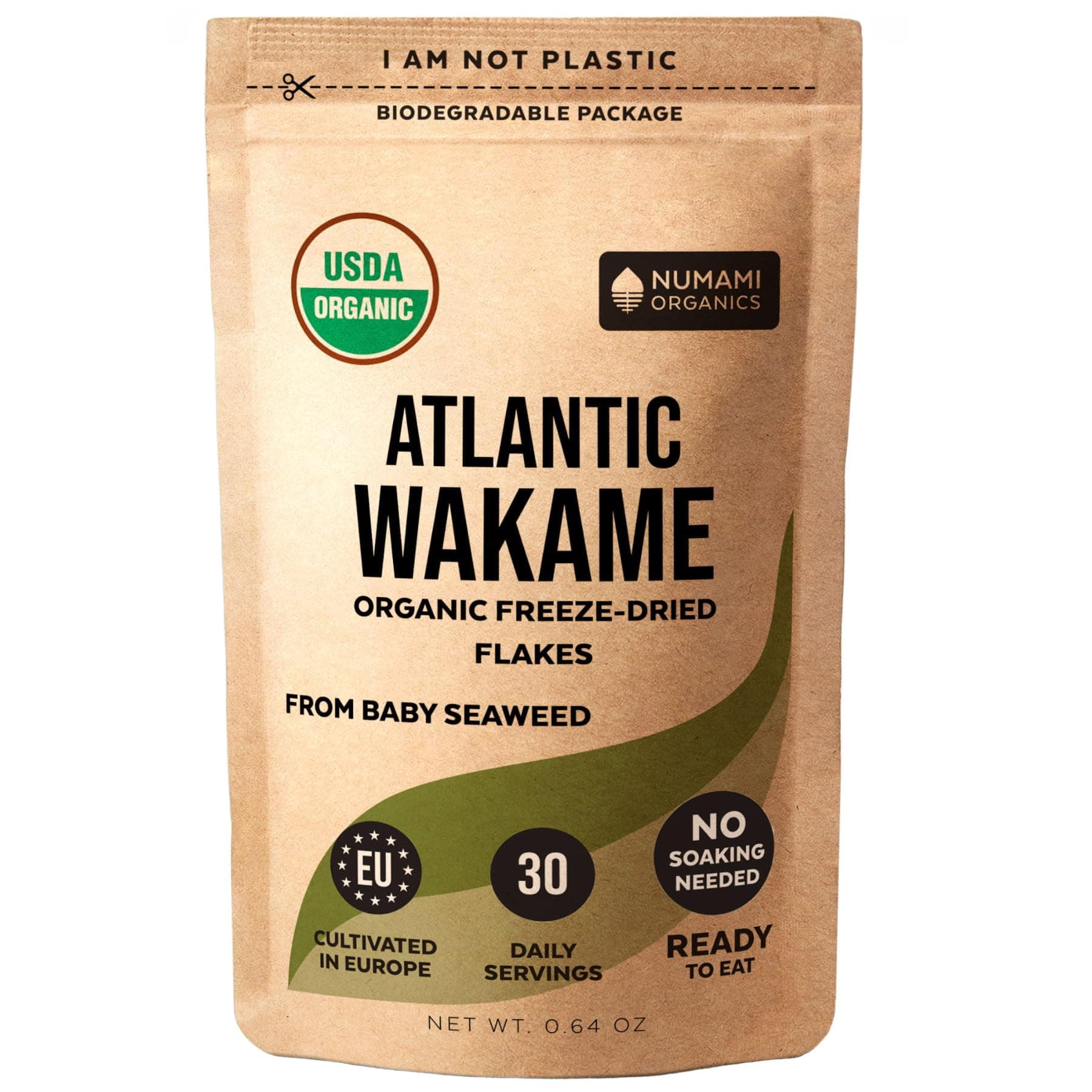 Wakame Seaweed Flakes - Organic Young Baby Seaweed Grown in North Atlantic. USDA Certified and Freeze-Dried Premium Quality. Soft Texture & Mild Taste. 30 Servings/0.64 oz