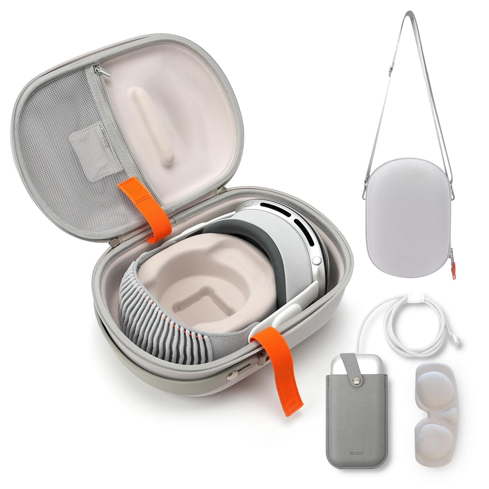 SODI Carrying Case for Apple Vision Pro and Accessories, VR Headset Case with Lens Cover and Leather Battery Bag, Multi-Layer Protection Shell, with Crossbody Strap, Ideal for Travel and Home Storage