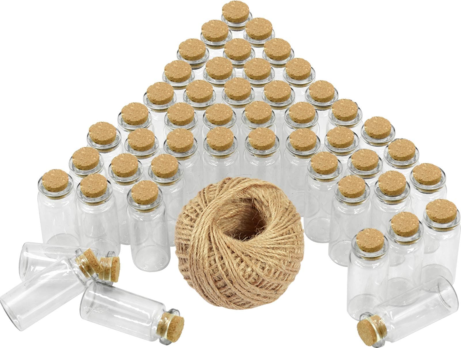 Wandefol 48 Mini Glass Bottles with Corks, 10 ml (5 cm x 2 cm) Small Glass Bottles with Cork Stopper and 30 m Yarn, Wedding Invitation, Jewellery DIY Projects, Crafts Glass Vials