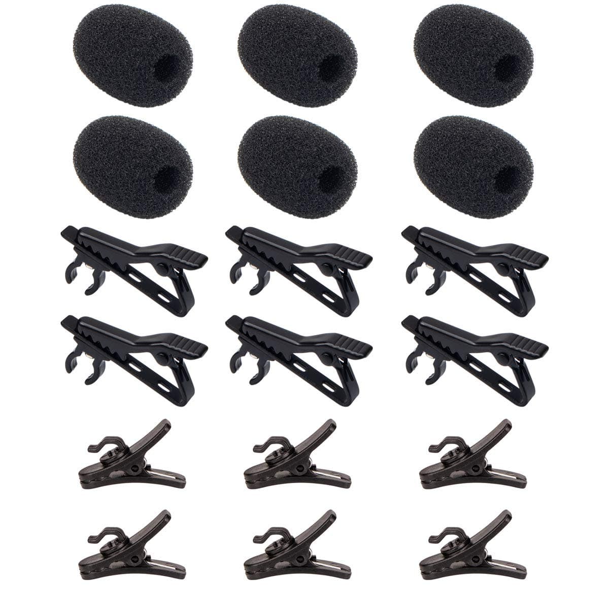 6 Pieces Lavalier Microphone Metal Tie Clips, 6 Pieces Lapel Mic Windscreen Foam Covers and 6 Pieces Lav Mic Plastic Wire Clips