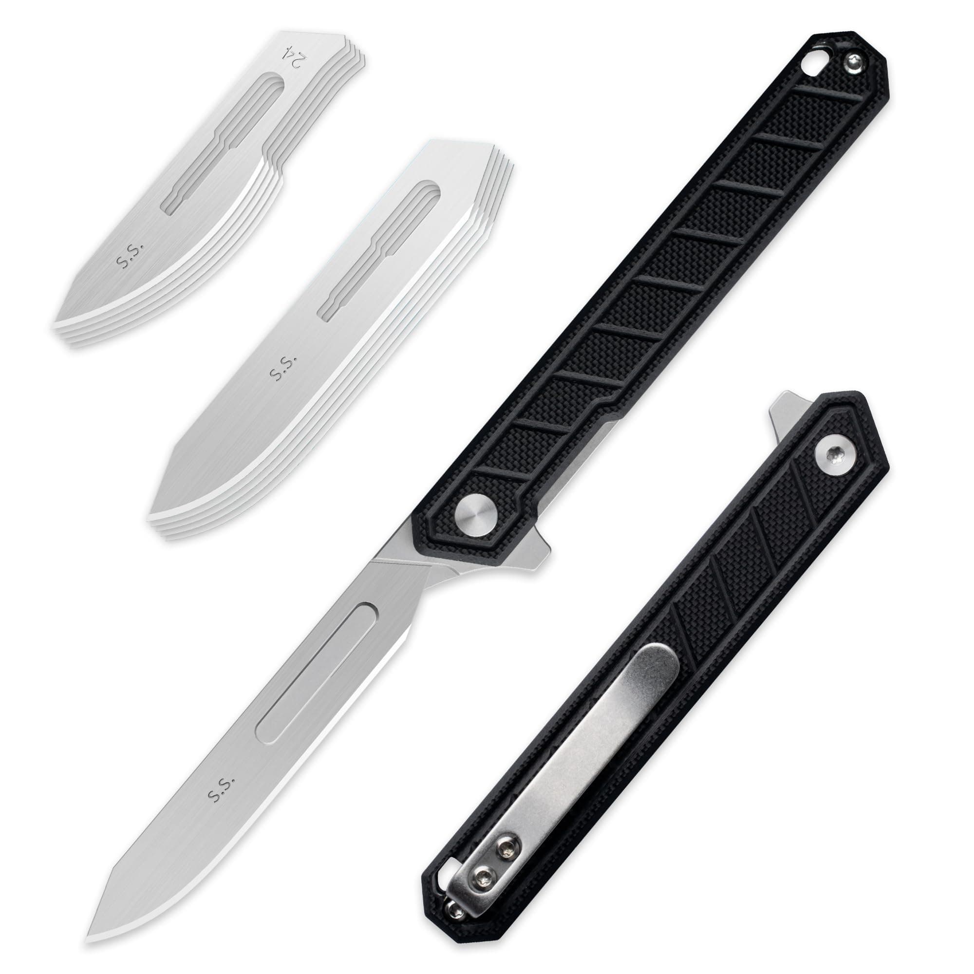 - G046 Mecha Mini Slim Folding Scalpel with 5pcs #24 and 5pcs #60 G11 Handle with Liner Lock, Utility EDC Pocket Knife with Back Clip（Black）