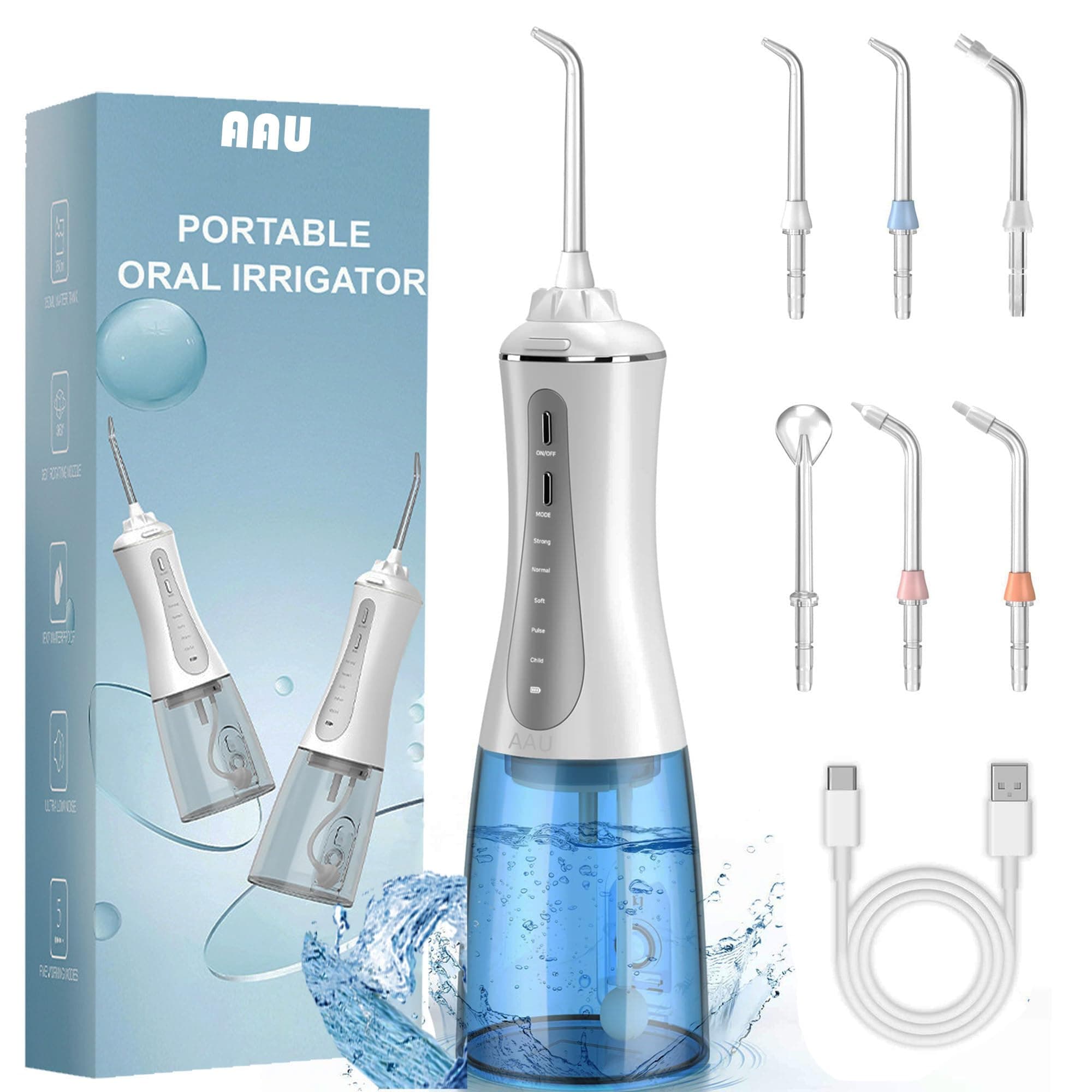 Water Flosser for Teeth Cordless 350ML Big Tank Portable Oral Irrigator with 5 Modes 6 Replaceable Tips - IPX7 Waterproof Powerful Battery Life Water Travel Picks Home Use Blue White